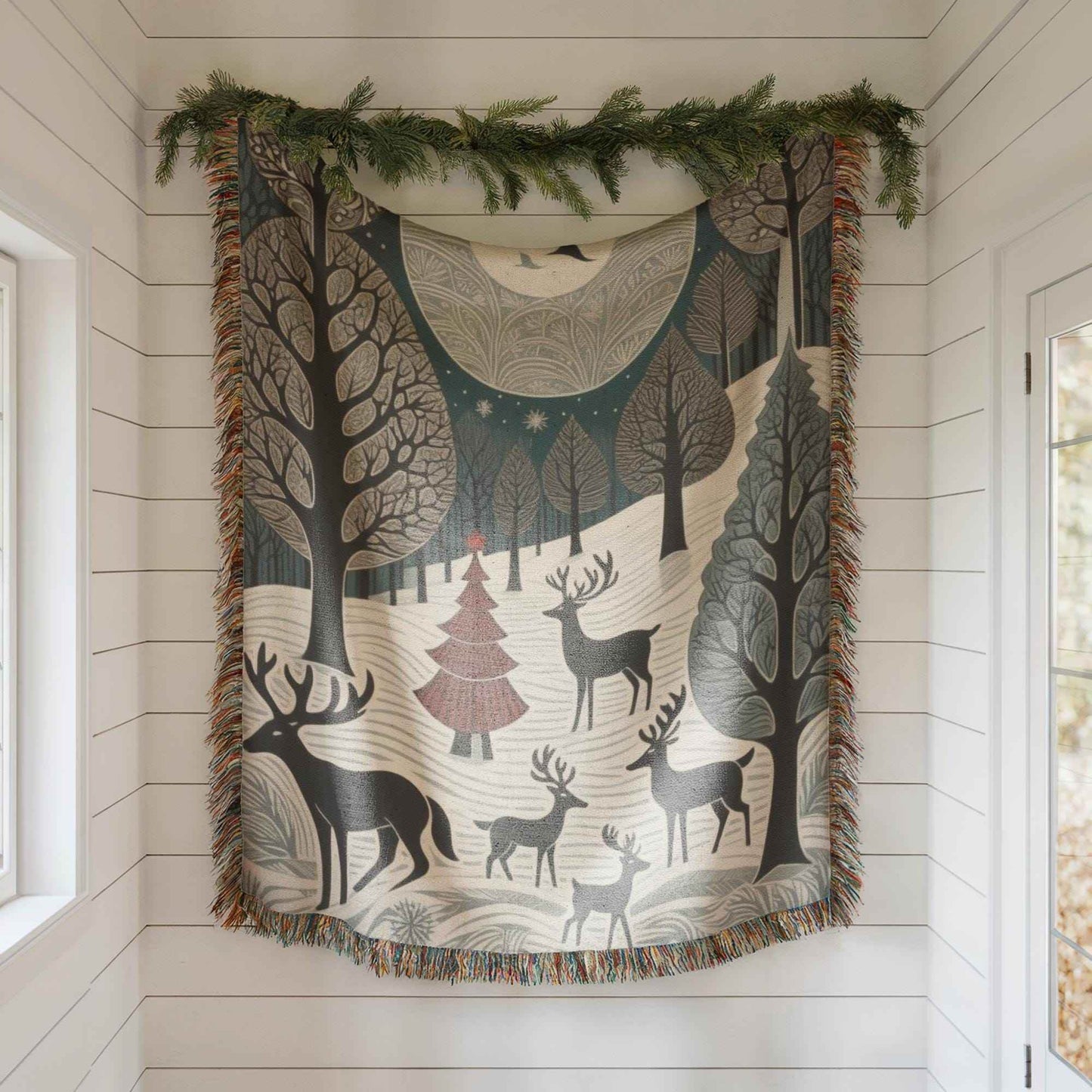 Christmas Bed Throw - Cozy Woven Cotton Blanket With Reindeer Gift - timelessbohochic.com