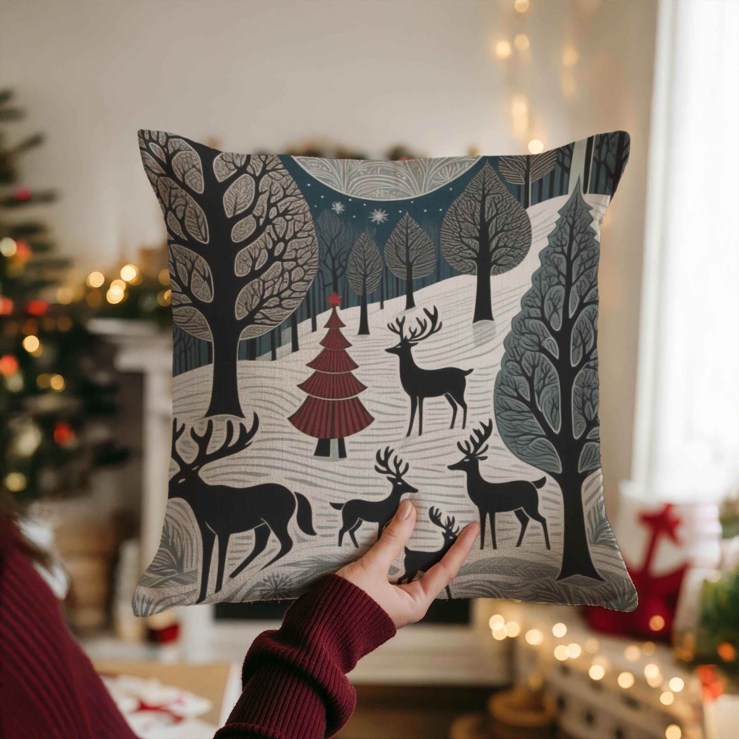 Winter Deer Pillow - Woven Decorative Cushion With Deer Herd Design, Cozy Cabin Accent - timelessbohochic.com