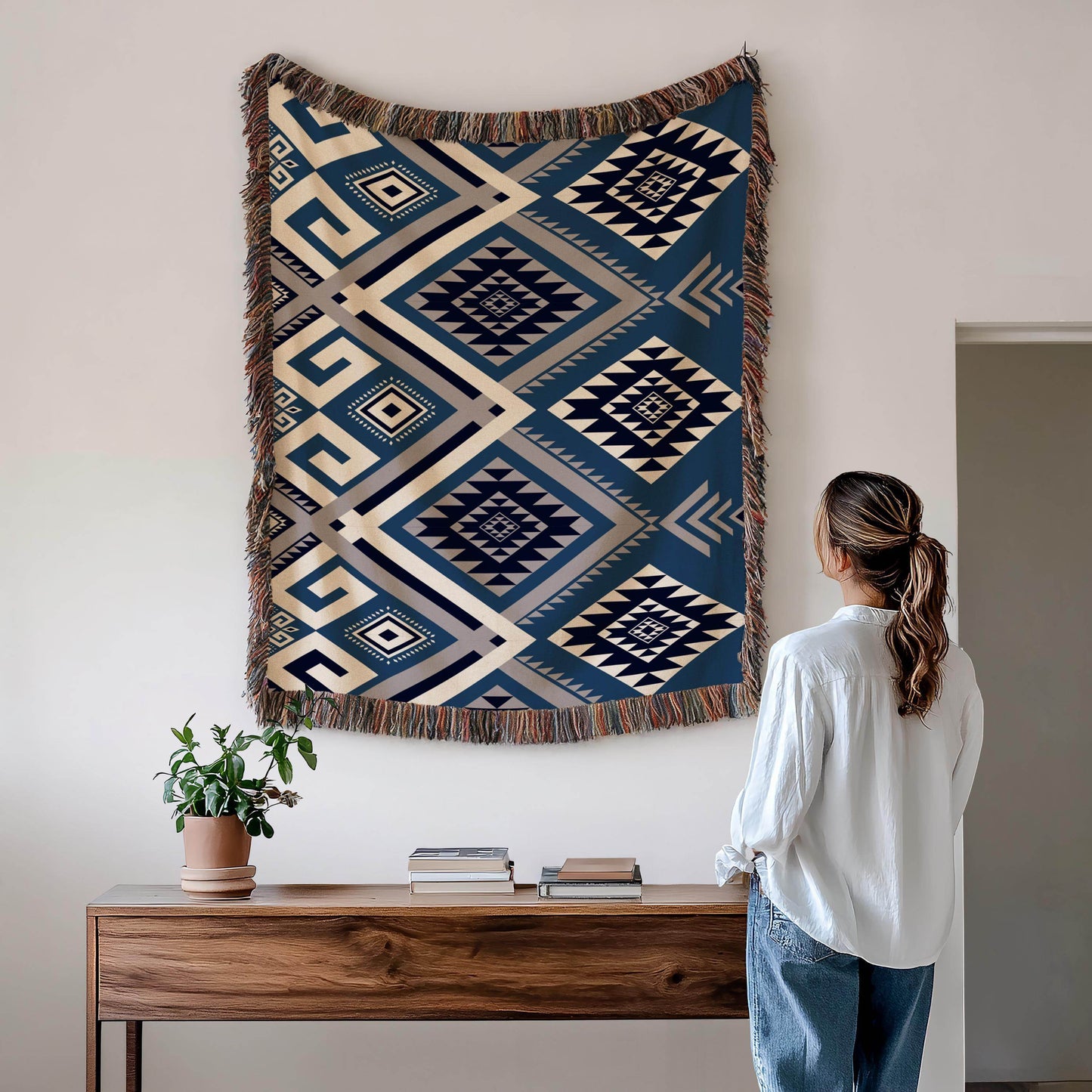 Aztec Wall Tapestry - Woven Cotton Blanket | Boho Wall Decor with Colorful Fringed Edges - timelessbohochic.com