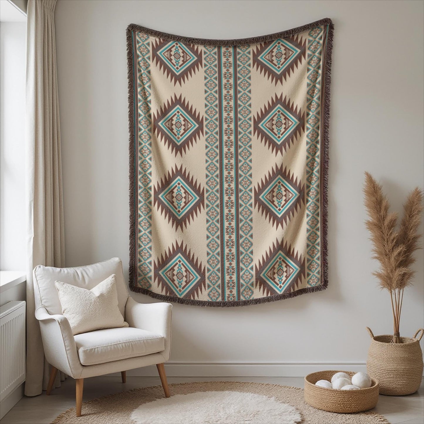 a living room with a large tapestry hanging on the wall, a white armchair, and a woven basket with balls on the floor.
