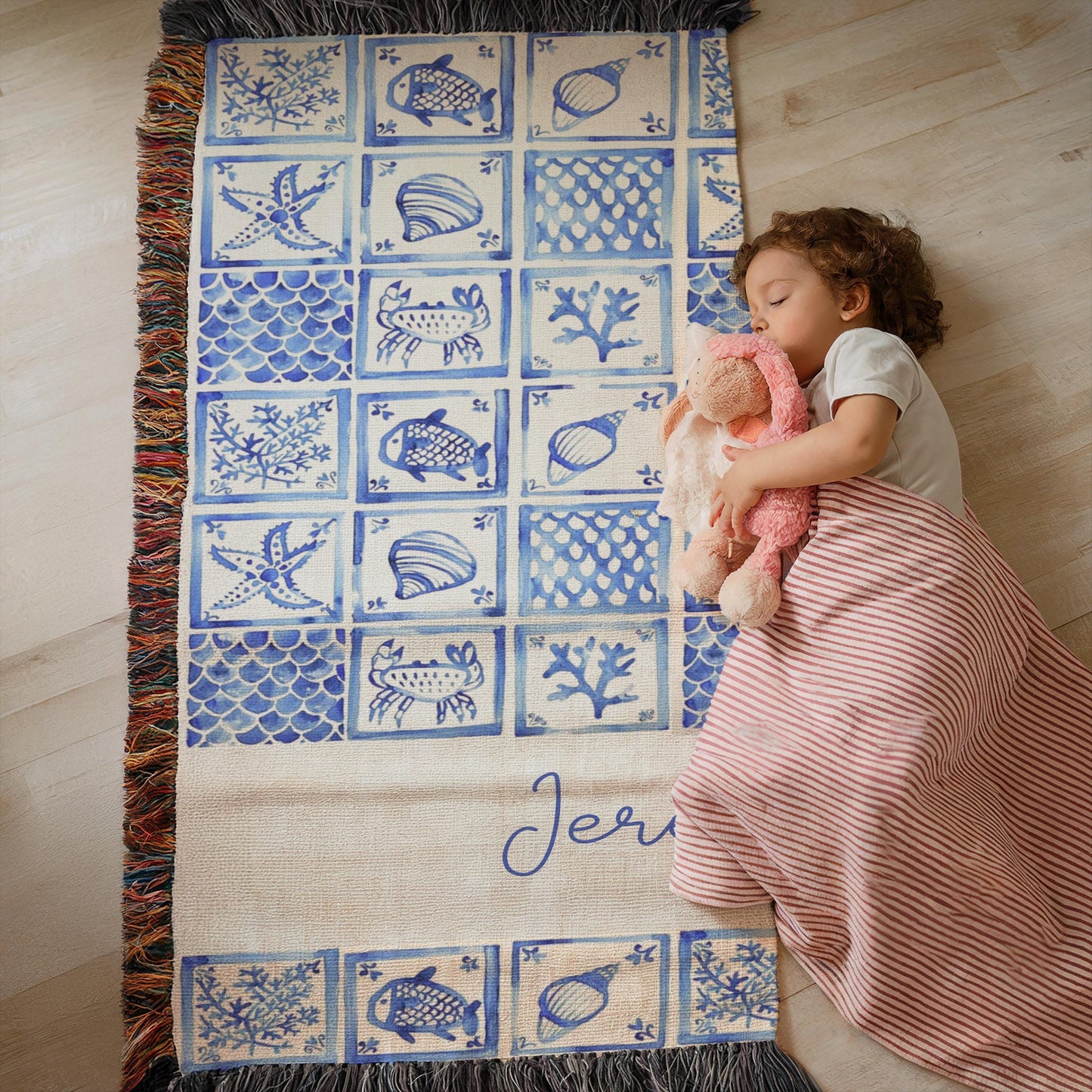 Personalized Baby Blanket - Custom Woven Ocean Nursery Decor | Sea Creatures Design, Cotton Quilt