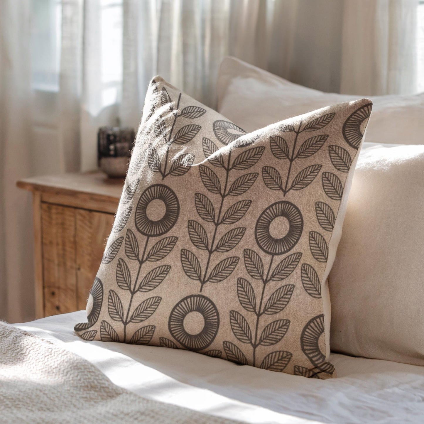 Floral Pillow | Minimalist Botanical Design Woven Cushion - Black White Decorative Throw Pillow