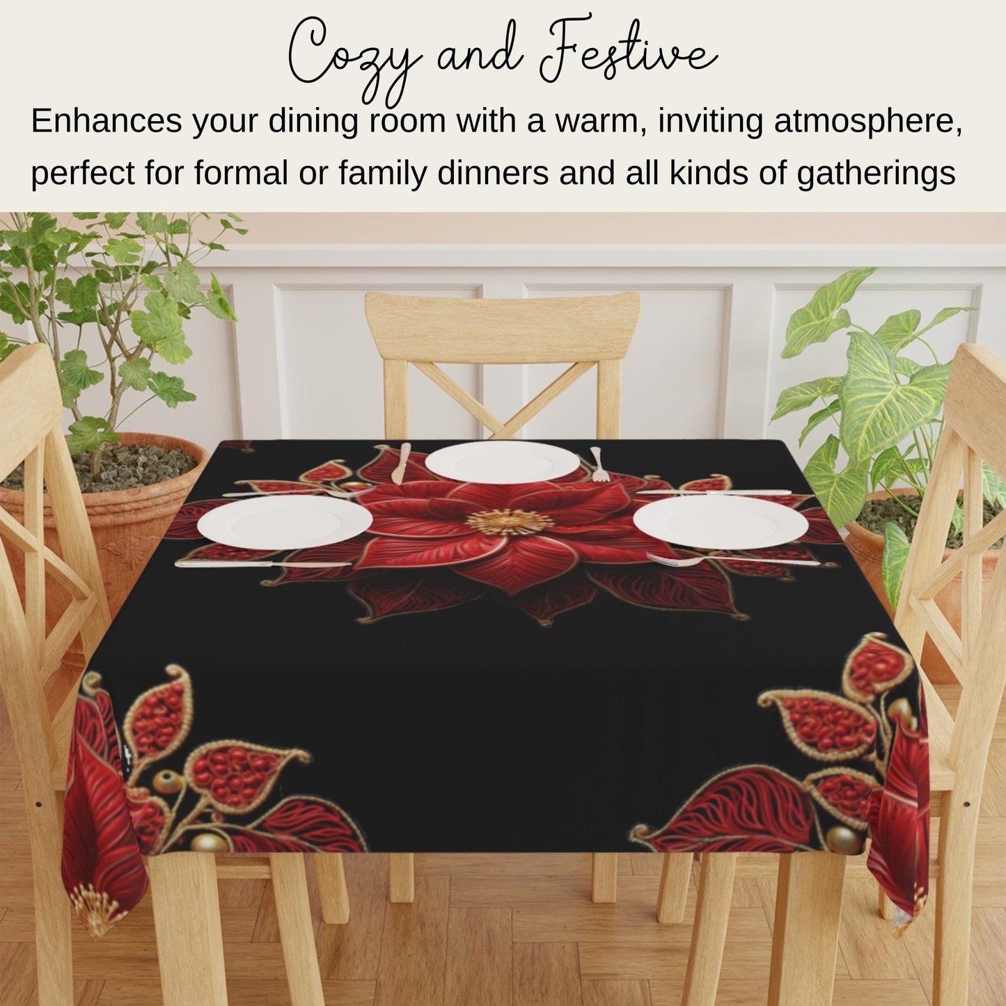 Poinsettia Tablecloth – Elegant Red and Gold Christmas Table Cover | Luxury Holiday Decor