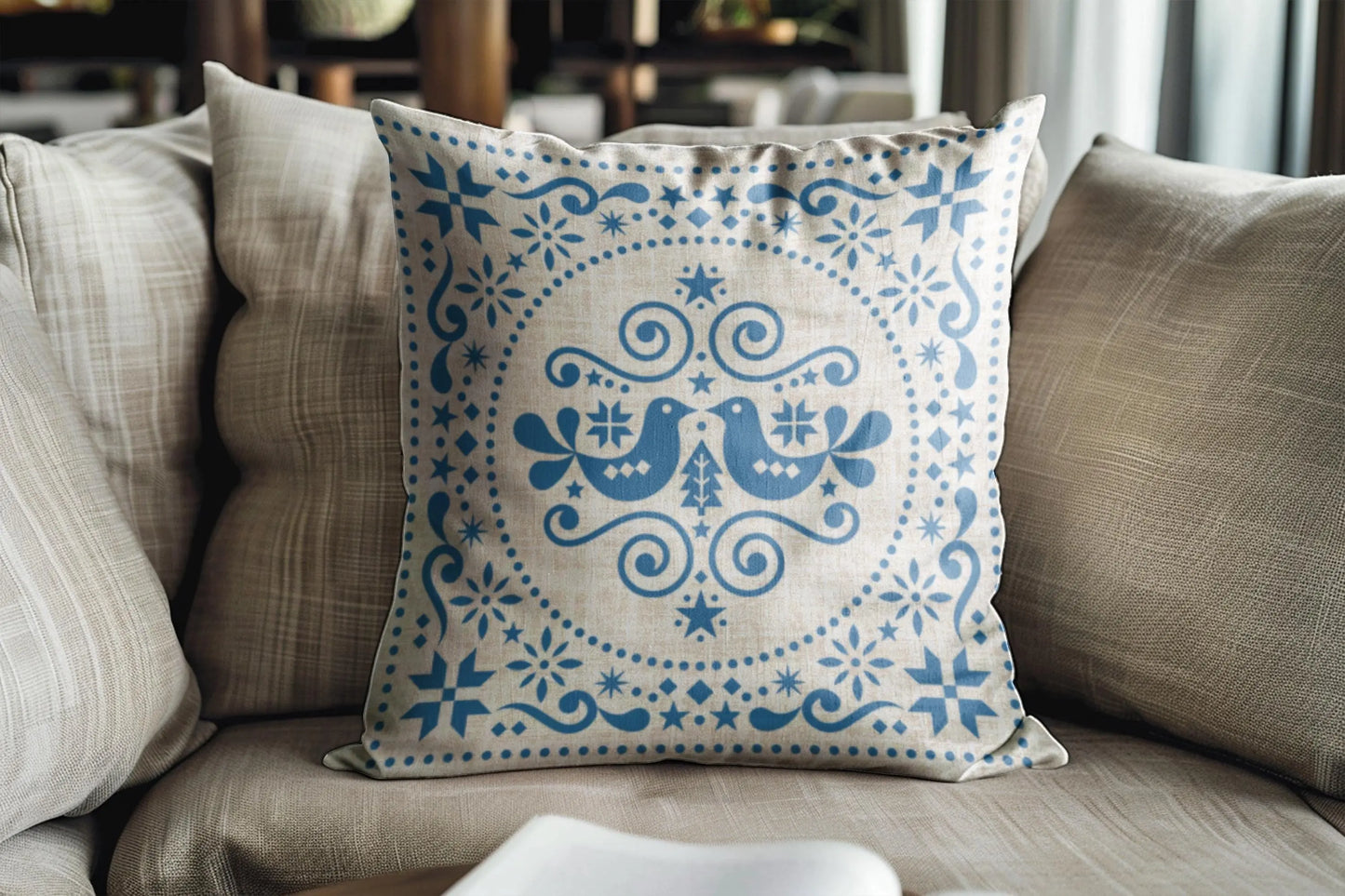 Blue Bird Cushion – Nordic Folk Pillow | Scandi Sofa Cushion | Woven Boho Throw