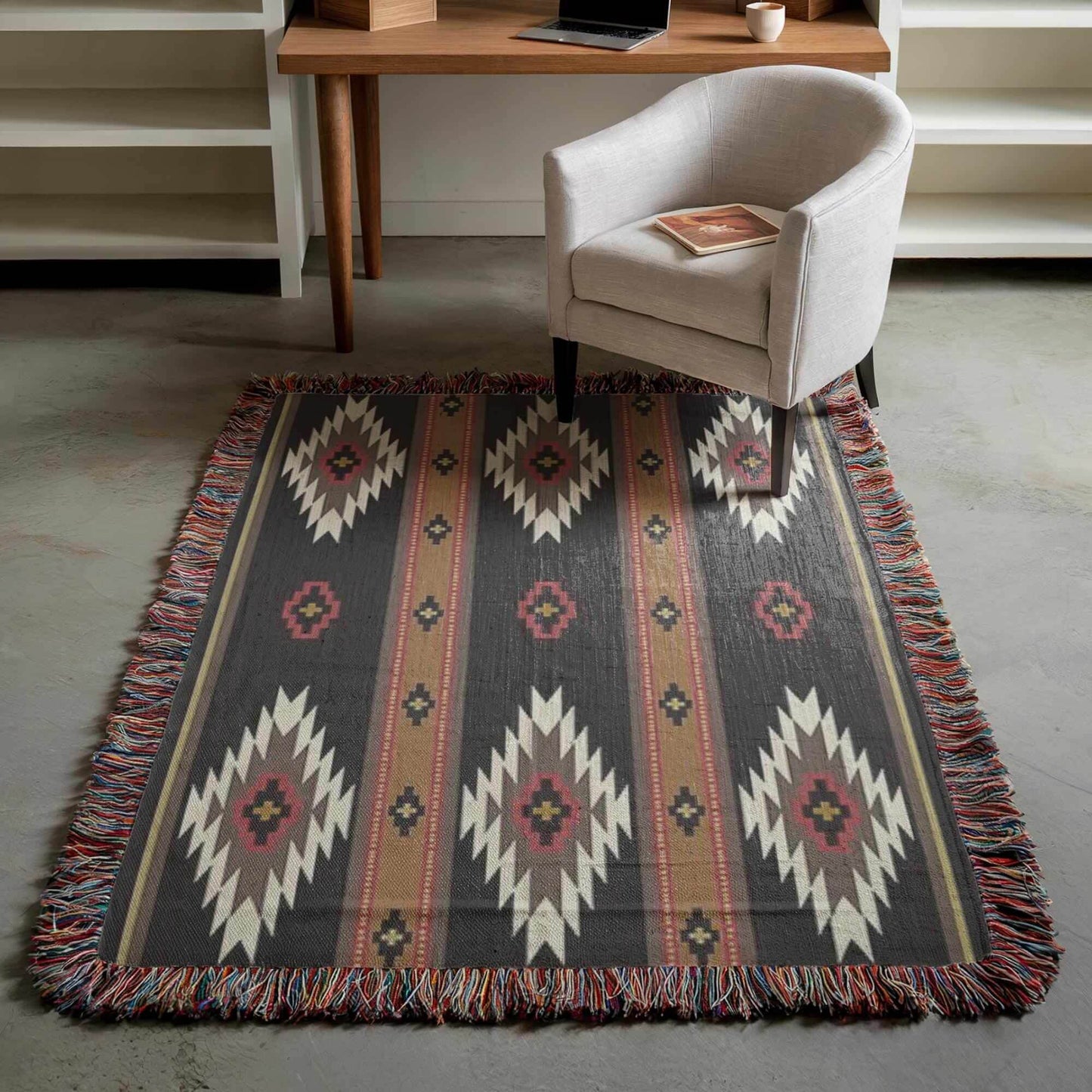 Woven Throw Blanket - Cozy Rustic Tribal Cotton Fabric With Colorful Fringed Edges - timelessbohochic.com