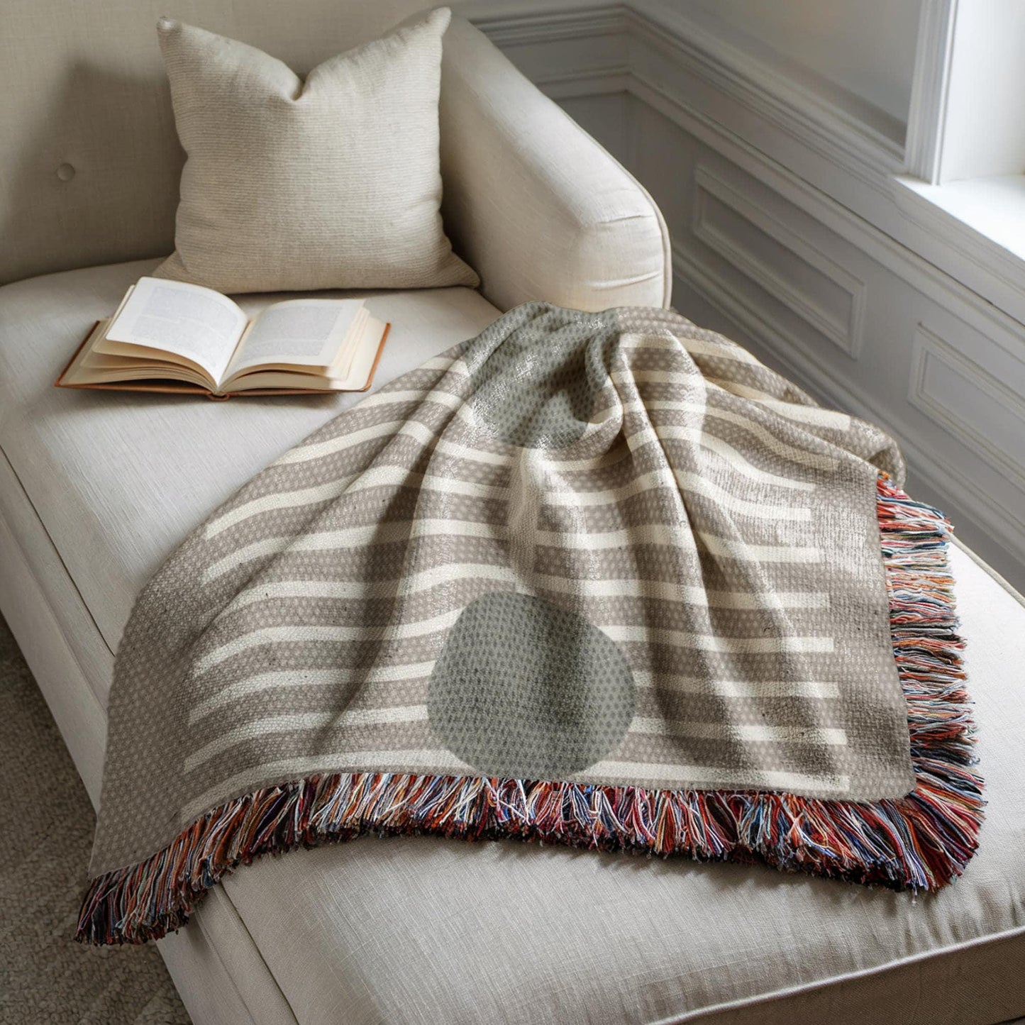 Olive Green Woven Throw - Cozy Blanket With Geometric Lines, Warm Cotton