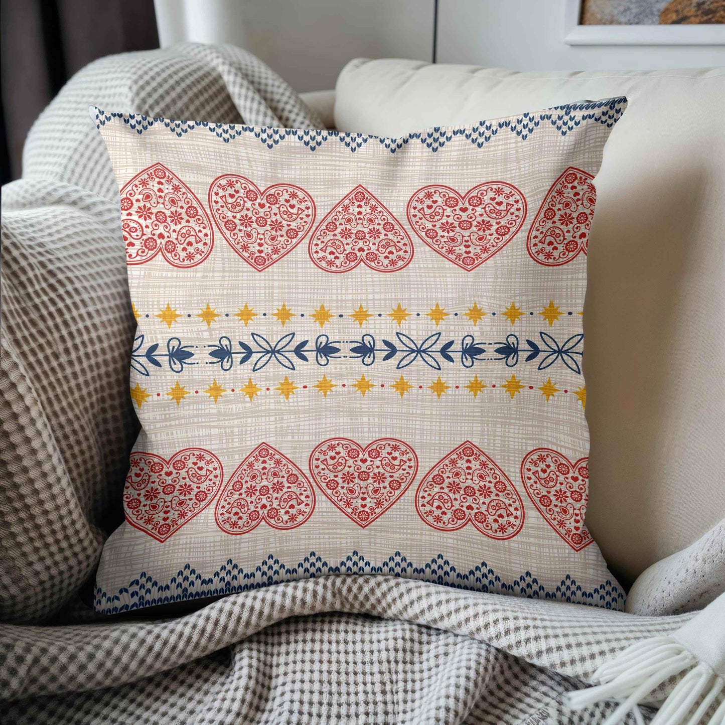 Scandi Woven Pillow - Red Hearts & Yellow Stars | Cozy Nordic Cushion Cover - timelessbohochic.com