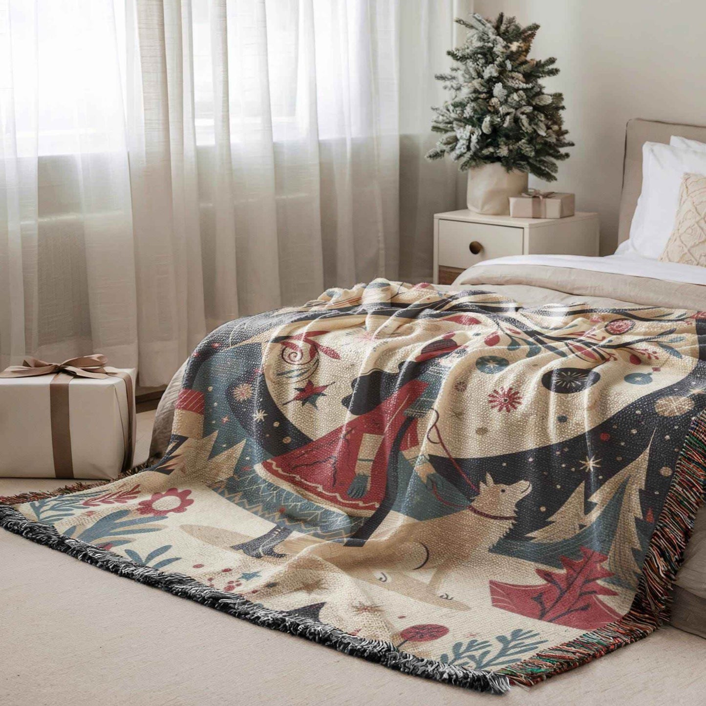 Cozy Cotton Blanket – Holiday Bedding With Winter Village Throw & Folk Art Design - timelessbohochic.com