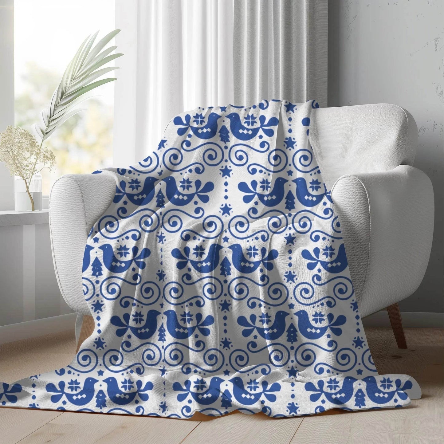 Velveteen Plush Blanket – Scandinavian Blue Bird Throw | Cozy Nordic Decor Gift - timelessbohochic.com