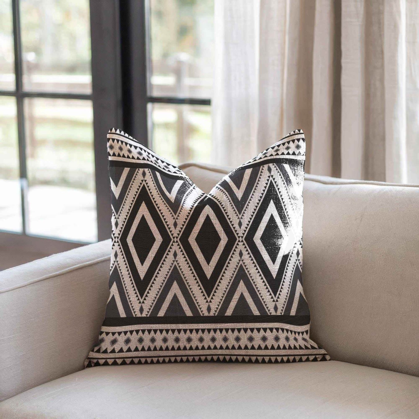 Rustic Ikat Pillow - Woven Cotton Throw Cushion With Geometric Design & Fringed Edge - timelessbohochic.com
