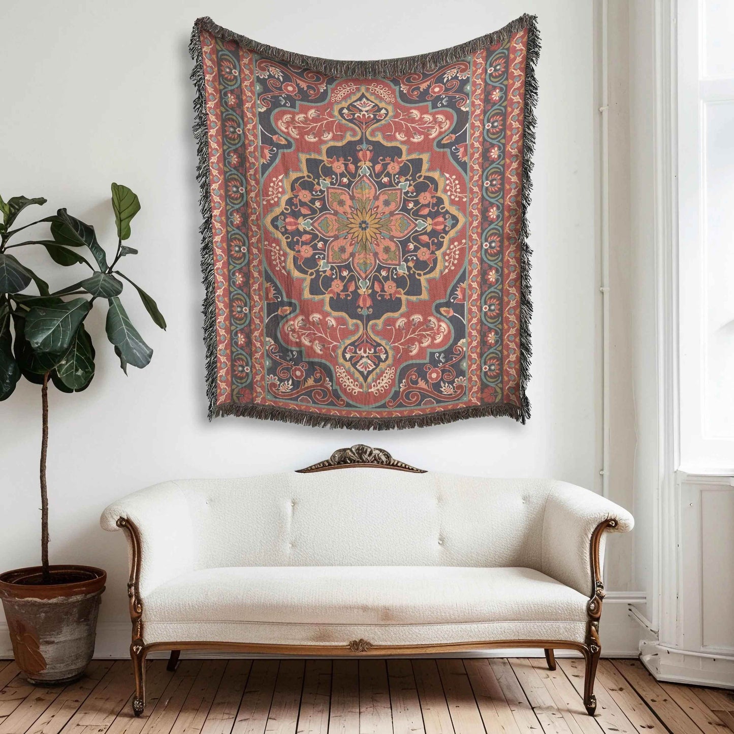 Cotton Throw Blanket – Persian Design Blanket With Oriental Pattern & Fringe Edge - timelessbohochic.com