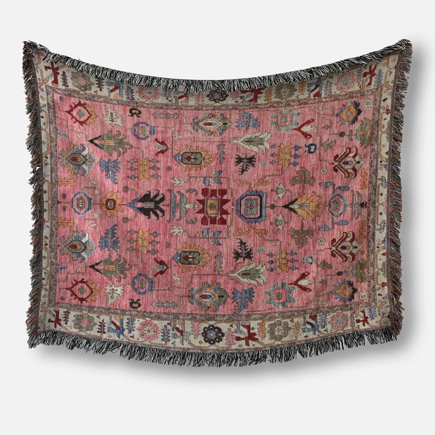 Pink Throw Blanket - Boho Wall Art Woven Turkish Rug Decor with Colorful Fringe