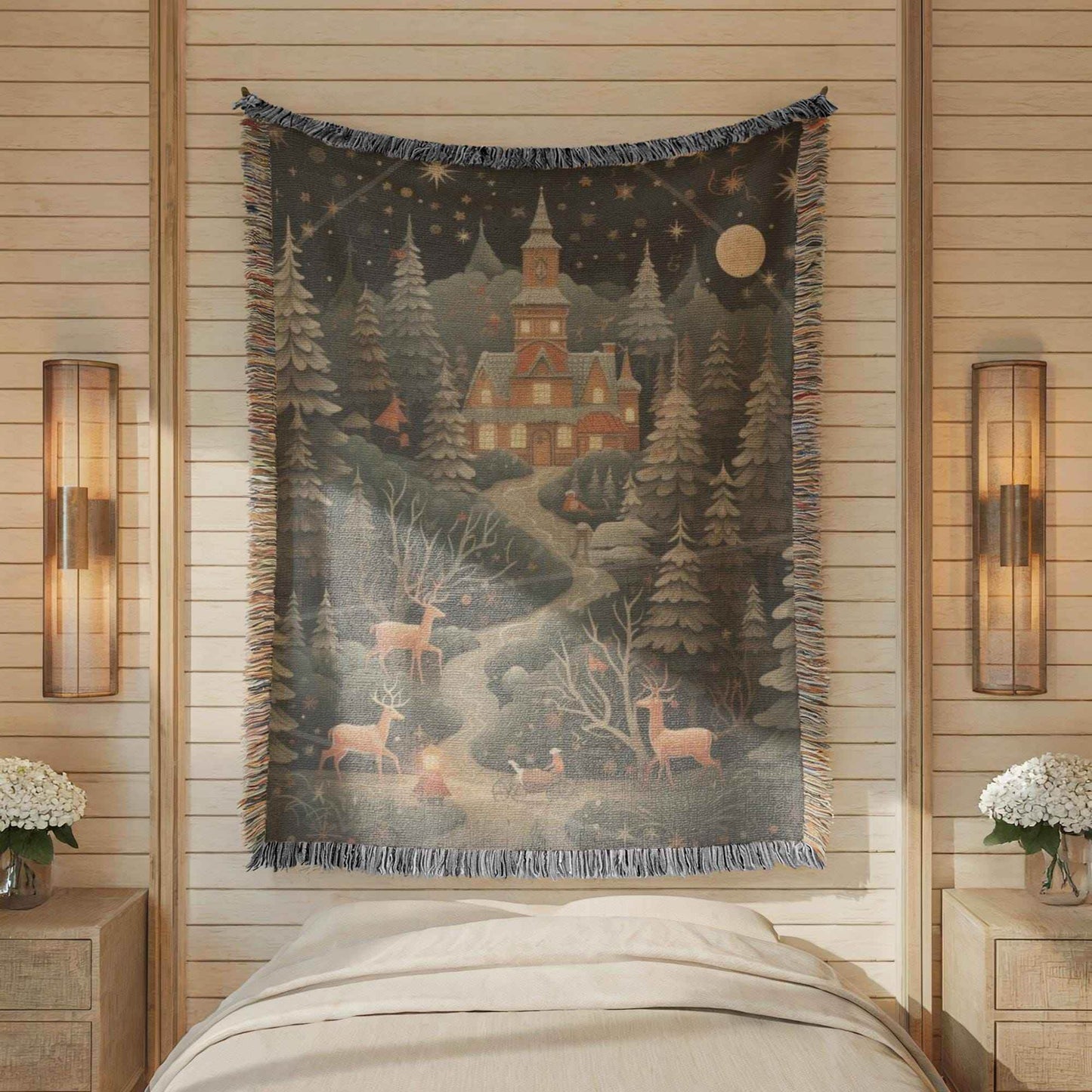 Christmas Bedroom Blanket - Festive Winter Throw with Reindeer & Trees | Soft Cotton Woven - timelessbohochic.com