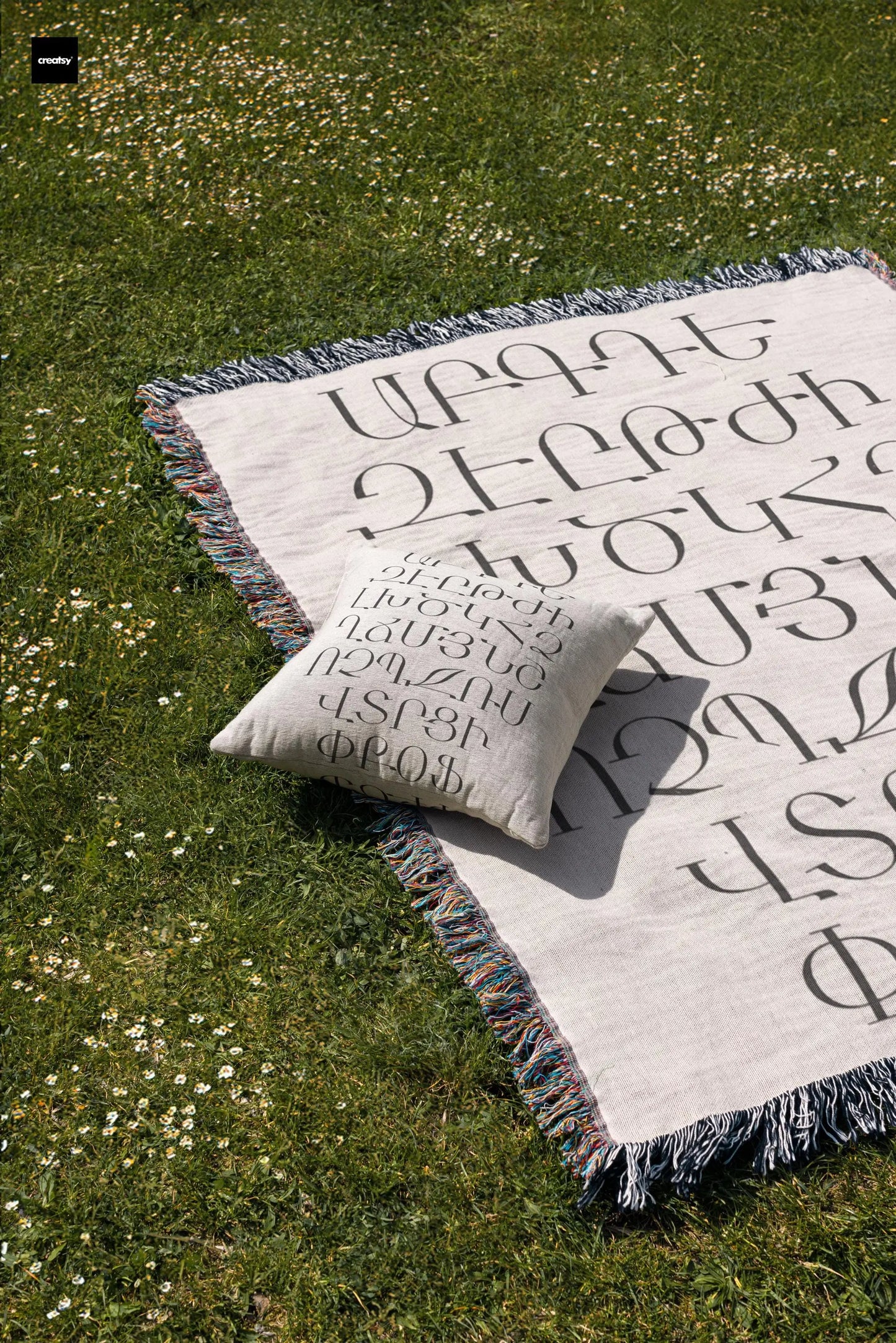 Armenian Cotton Blanket Set – Woven Throw Pillow With Hayeren Alphabet Coverlet