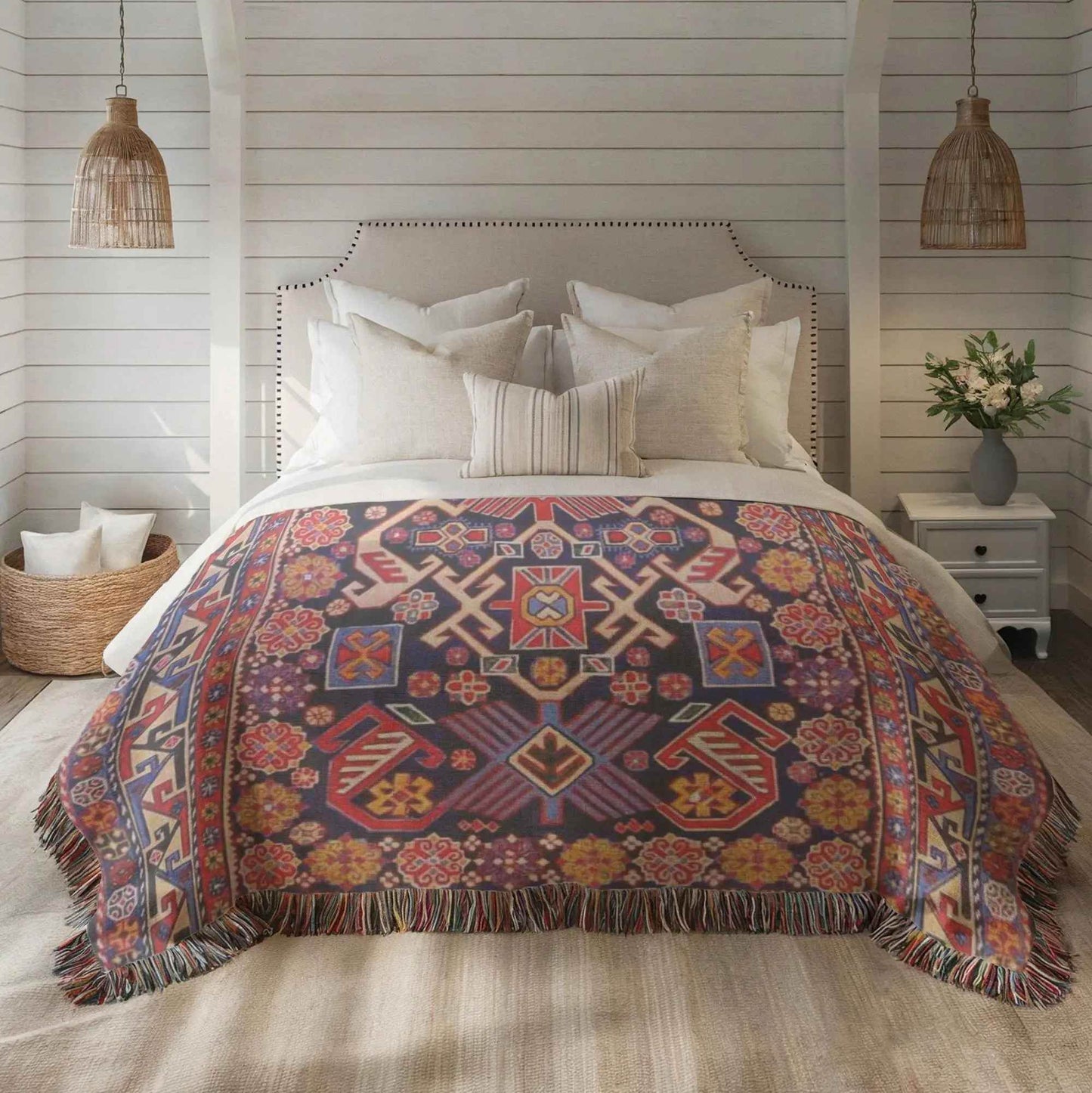 Cotton Throw Blanket – Boho Turkish Rug Patterned Woven Textile with Fringed Edges - timelessbohochic.com