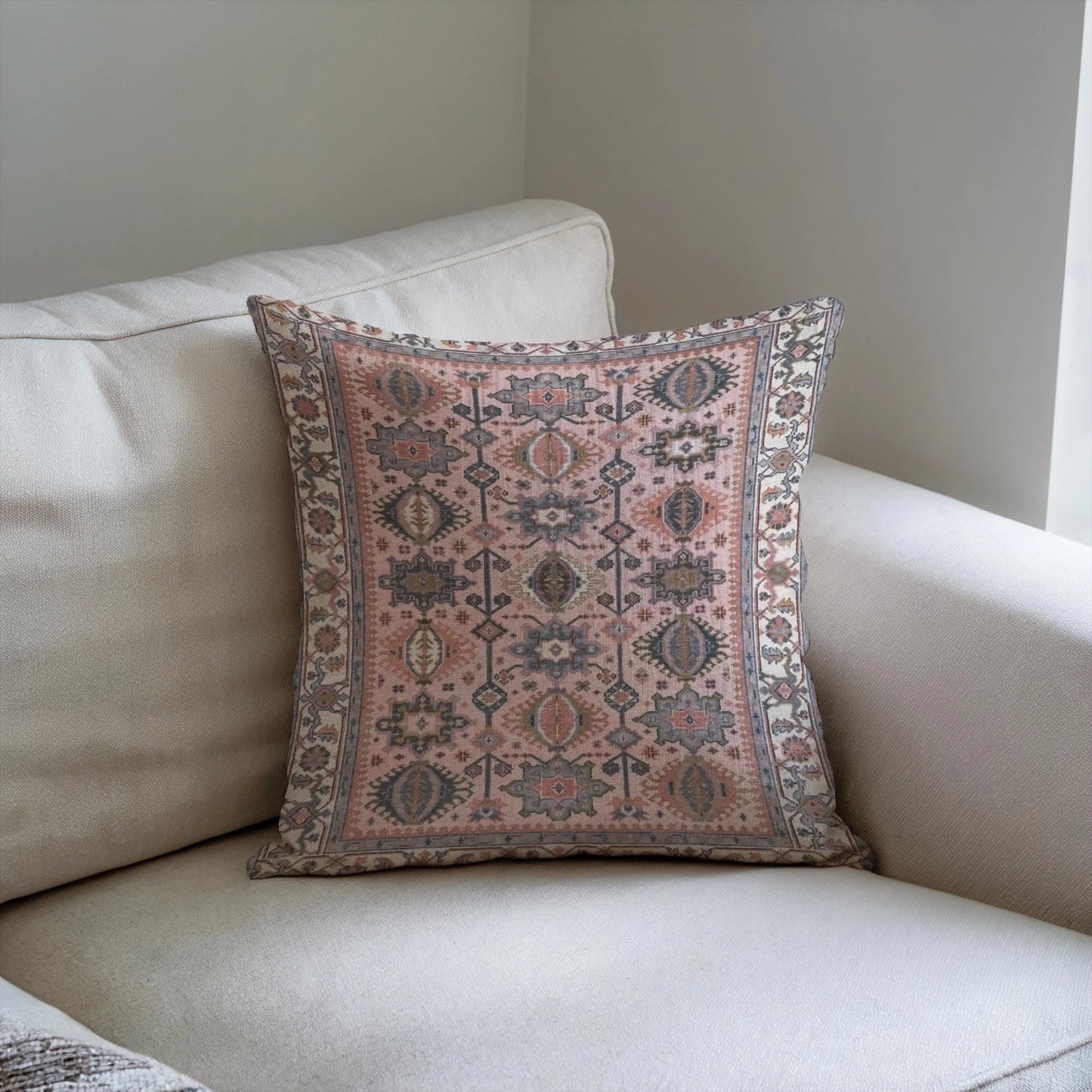 Anatolian Rug Pillow - Boho Throw Pillow with Pink Blue Cushion & Unique Pattern
