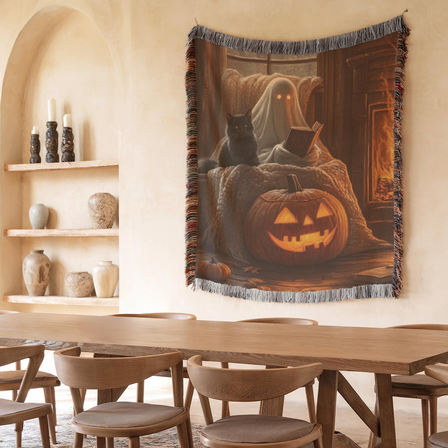 Halloween Wall Decor - Cozy Ghost Wall Hanging With Black Cat Pumpkin Art
