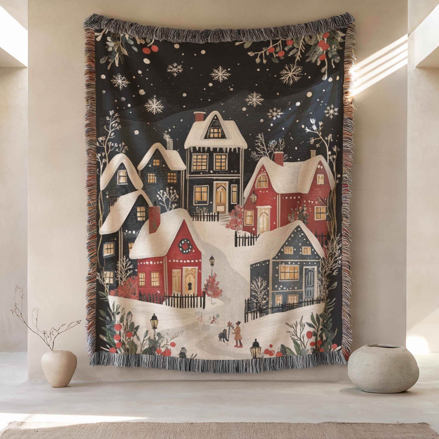Holiday Cotton Tapestry – Christmas Village Decor | Festive Woven Blanket Throw - timelessbohochic.com