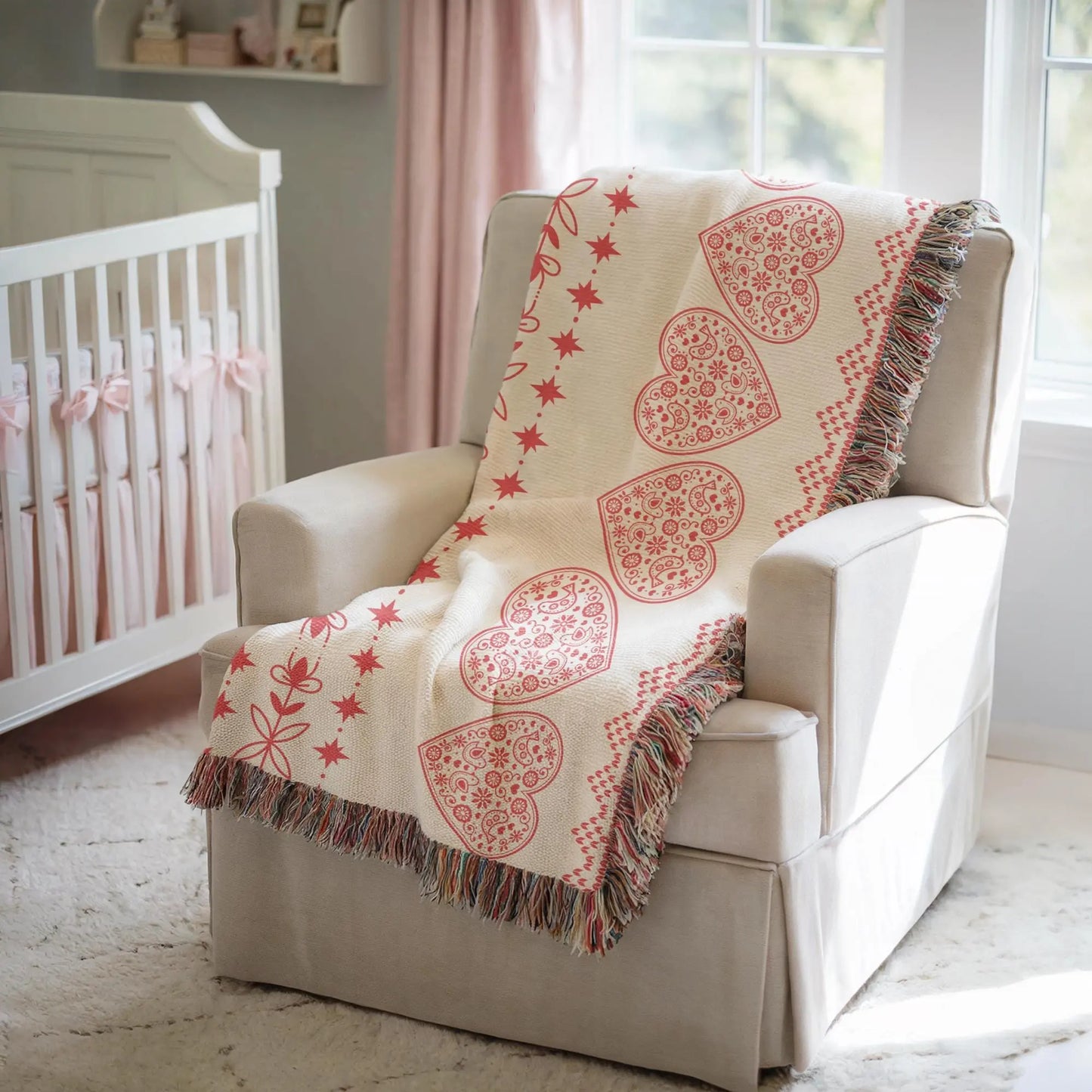 Scandi Heart Blanket – Woven Cotton Throw with Red Hearts | Cozy Nordic Gift