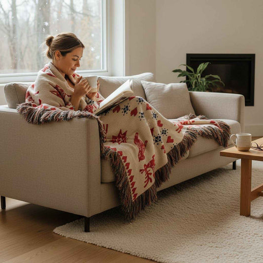 Scandinavian Inspired woven blanket with rug-style pattern styled for layered home decor