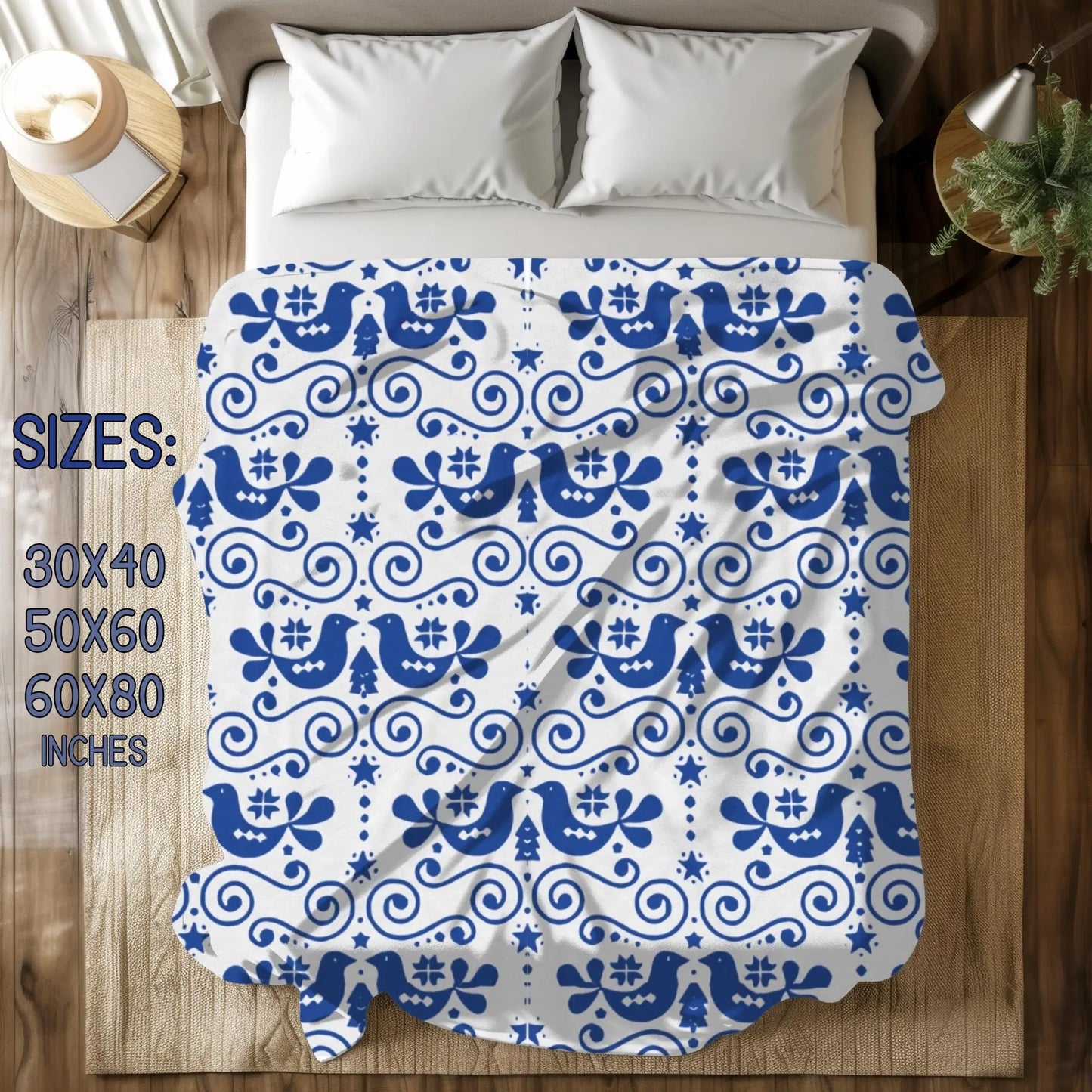 Velveteen Plush Blanket – Scandinavian Blue Bird Throw | Cozy Nordic Decor Gift