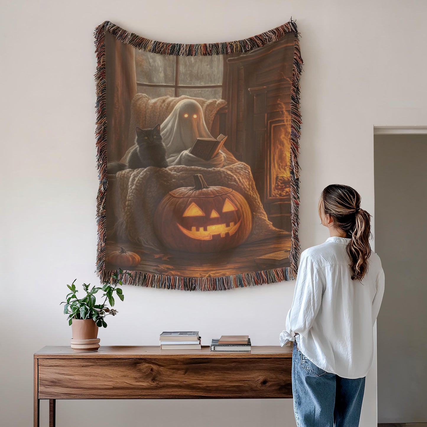 Halloween Wall Decor - Cozy Ghost Wall Hanging With Black Cat Pumpkin Art