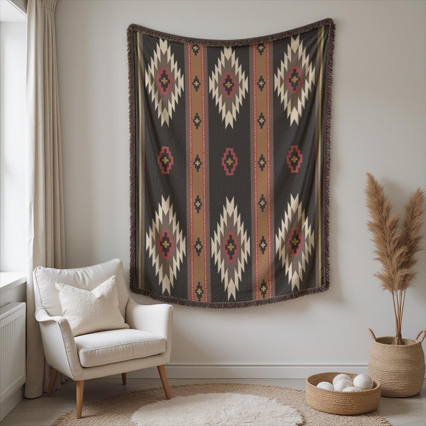 a living room with a large, colorful, patterned tapestry hanging on the wall above a white armchair. The tapestry has a geometric design with red, white, and black colors. Next to the armchair, there is a woven basket and a potted plant, adding to the cozy and inviting atmosphere of the room.