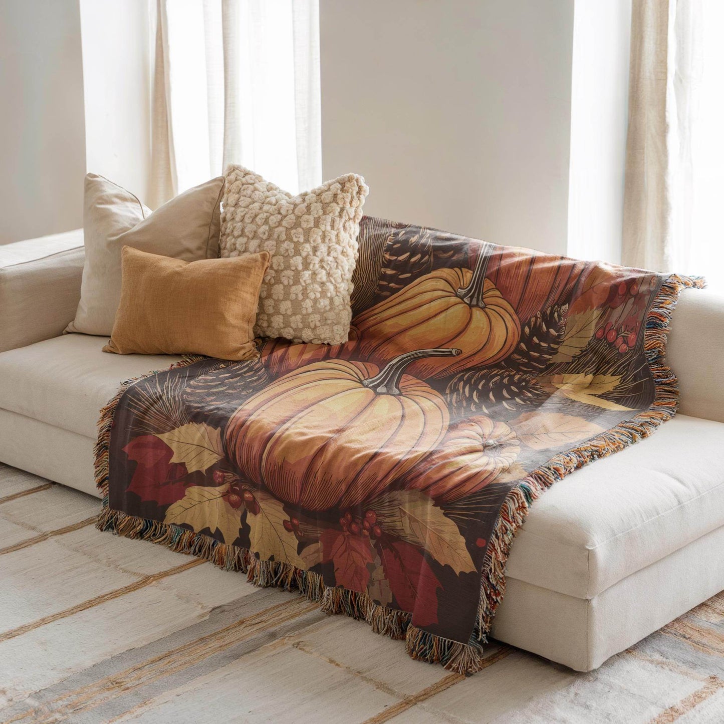Living Room Woven Blanket, Pumpkin Fall Decor, Cute Couch Throw, Autumn Accent, Harvest Season Gift, Living-Room Decor, Gift for Nana MeeMaw - timelessbohochic.com