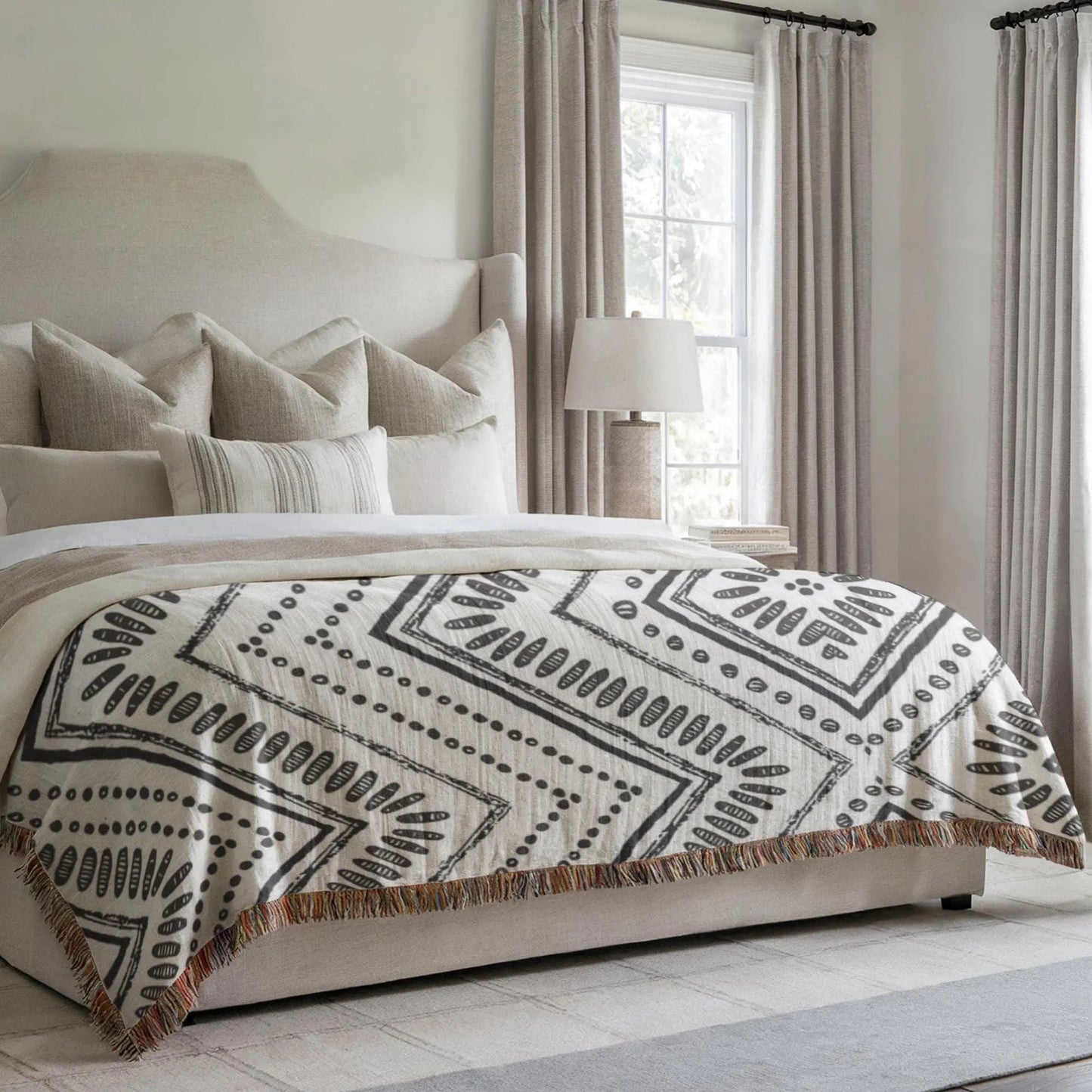 Woven Throw Blanket - Black and White Ikat Pattern Cotton Cozy Couch Throw