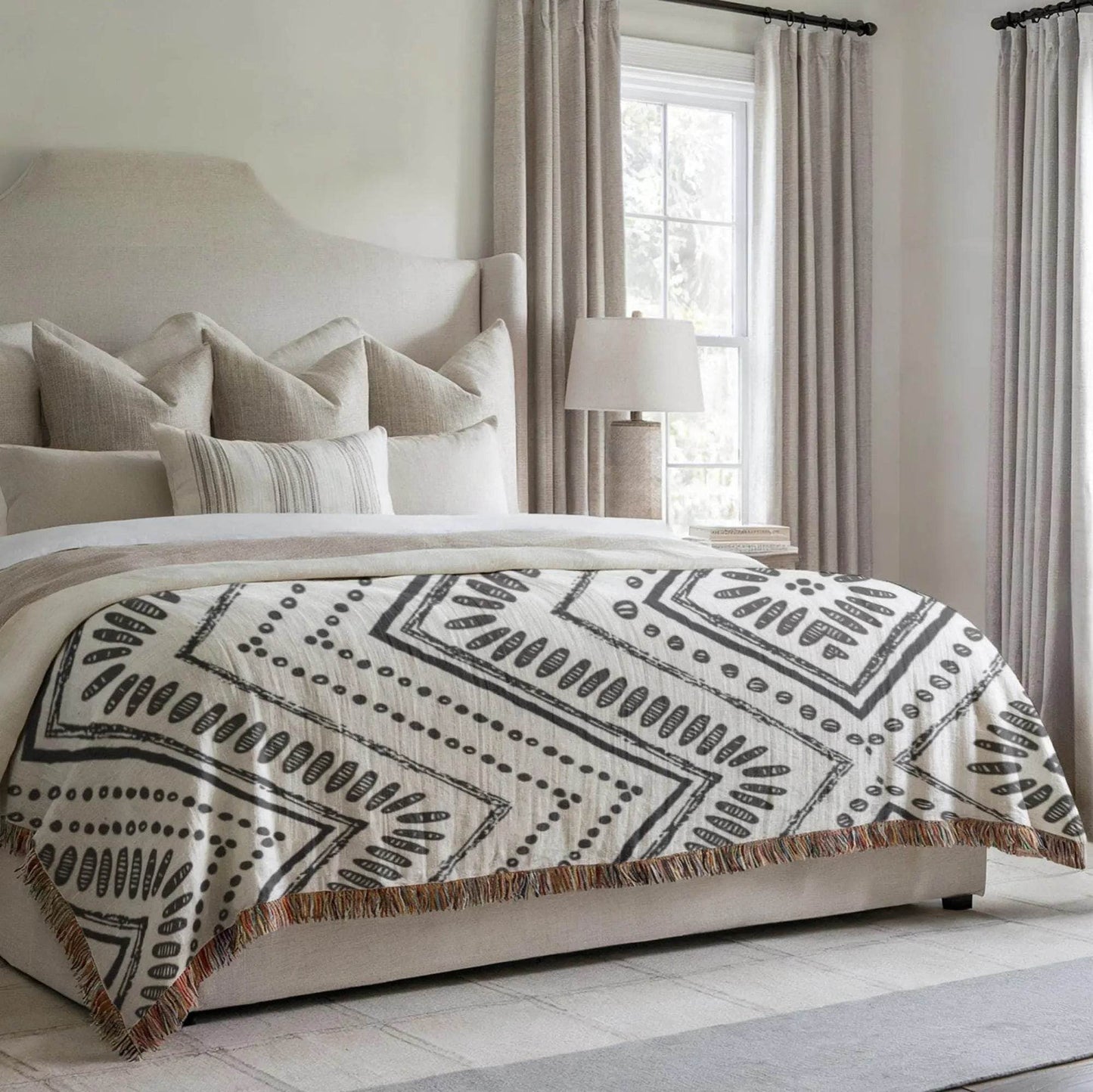 Woven Black and White Ikat Throw Blanket - Cozy Cotton Couch Blanket - timelessbohochic.com