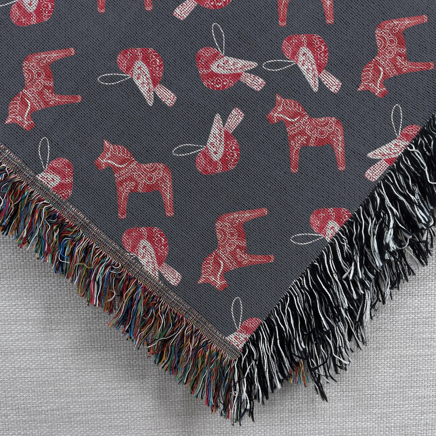 Scandi Cotton Blanket - Cozy Scandinavian Throw with Dala Horse & Bird Pattern, Fringe Edge