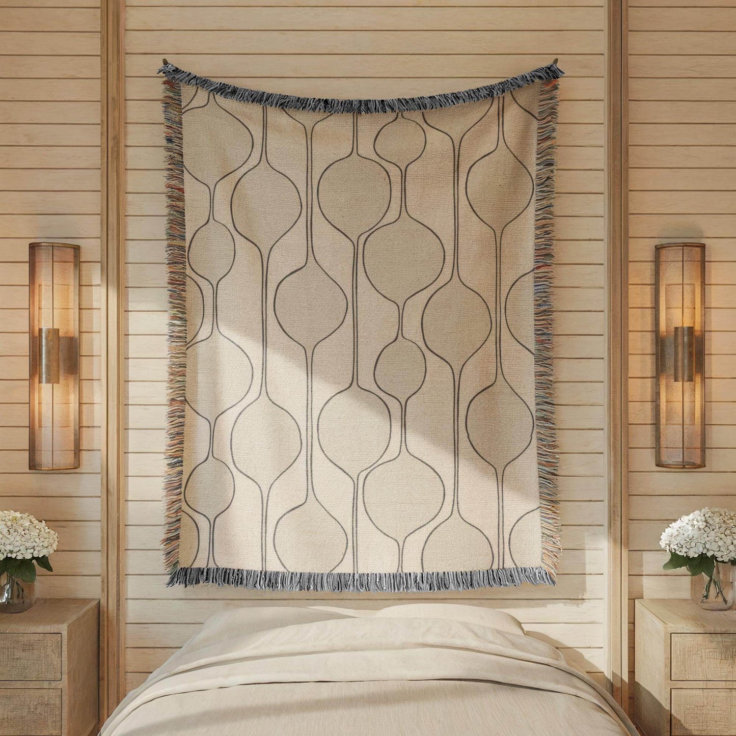 Mid Century Modern Tapestry - Woven Cotton Wall Hanging With Boho Fringed Edges - timelessbohochic.com