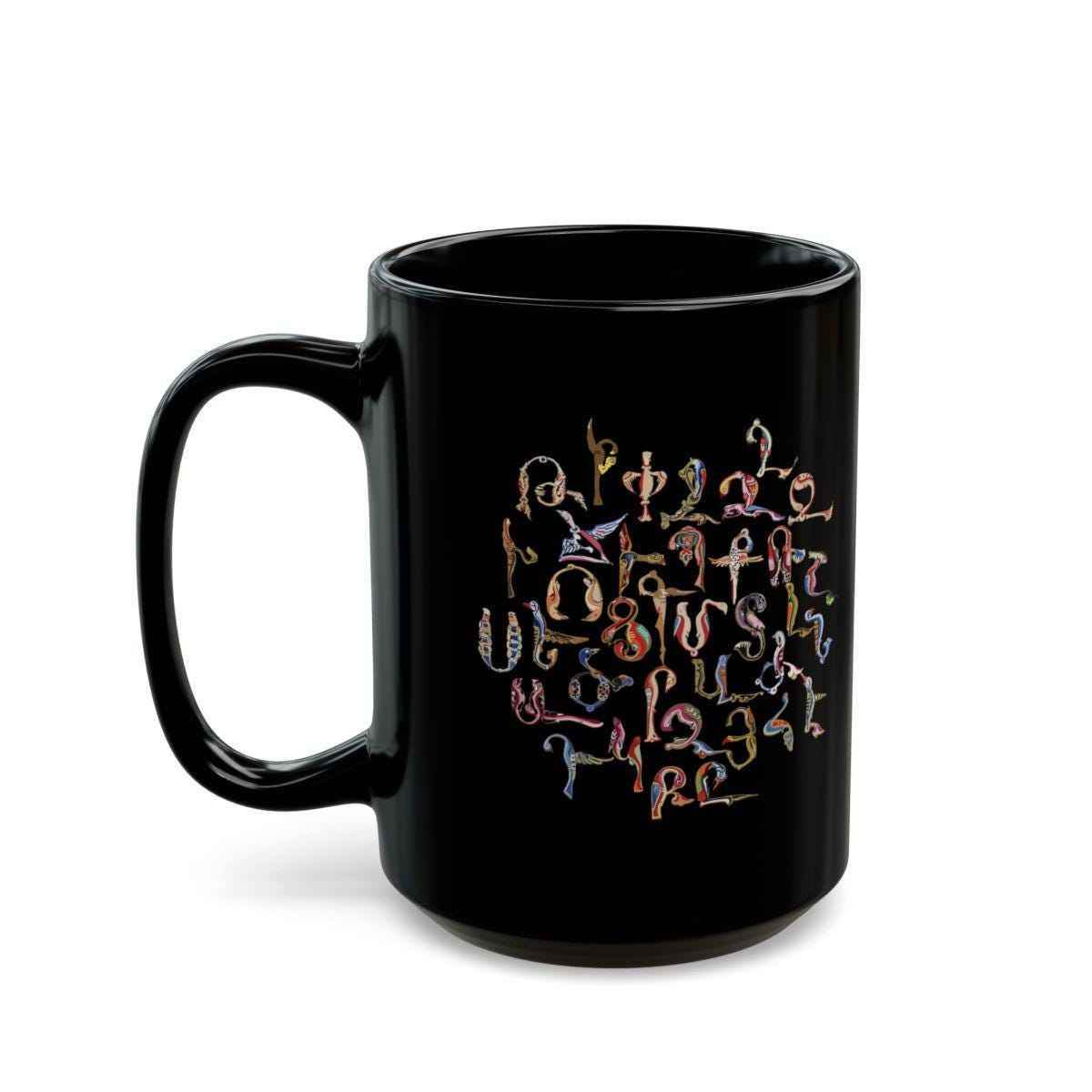 Armenian Alphabet Mug - Black Ceramic Coffee Cup With Bird Motif Design - timelessbohochic.com
