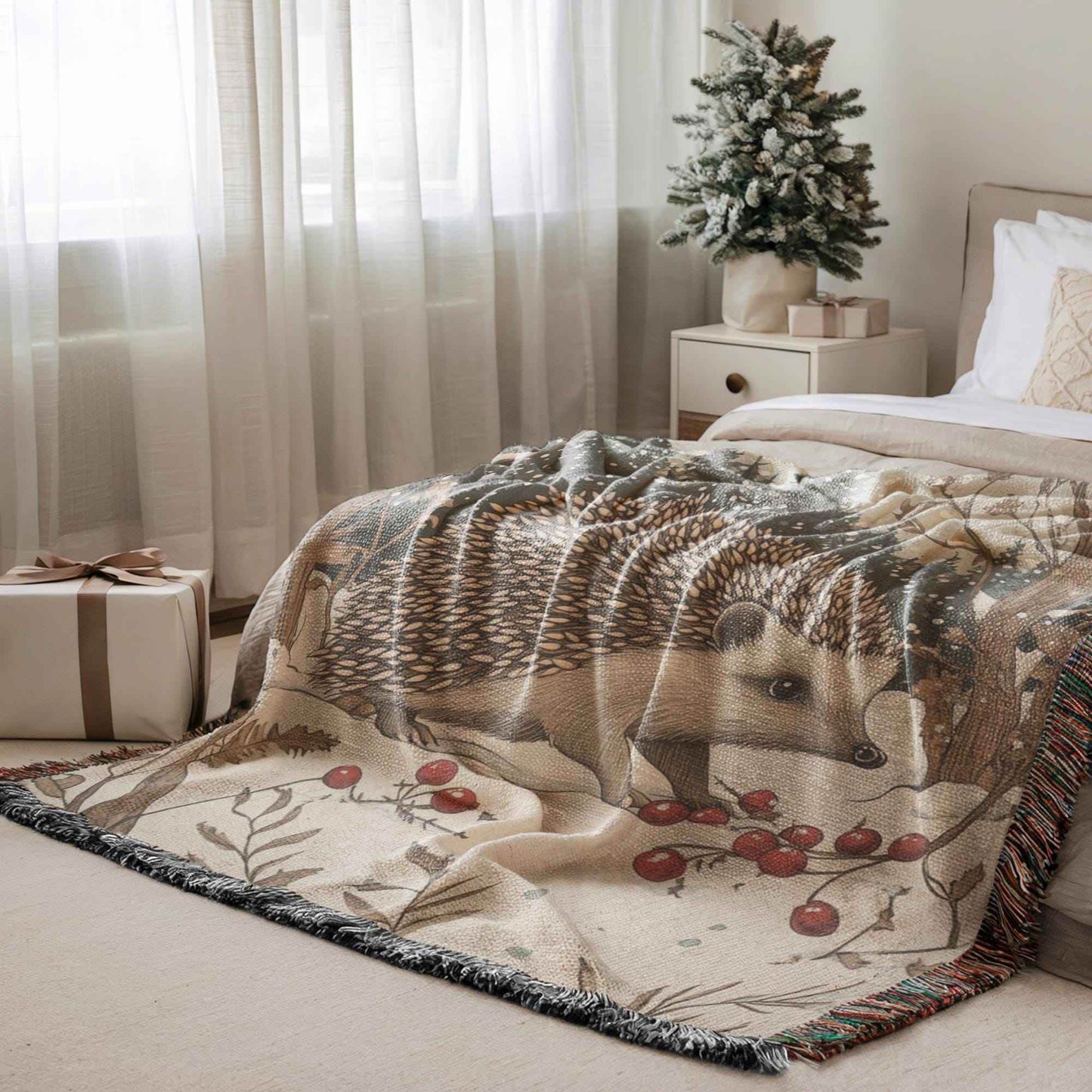 Hedgehog Bed Blanket – Cozy Cotton Throw with Festive Woodland Animal Design - timelessbohochic.com