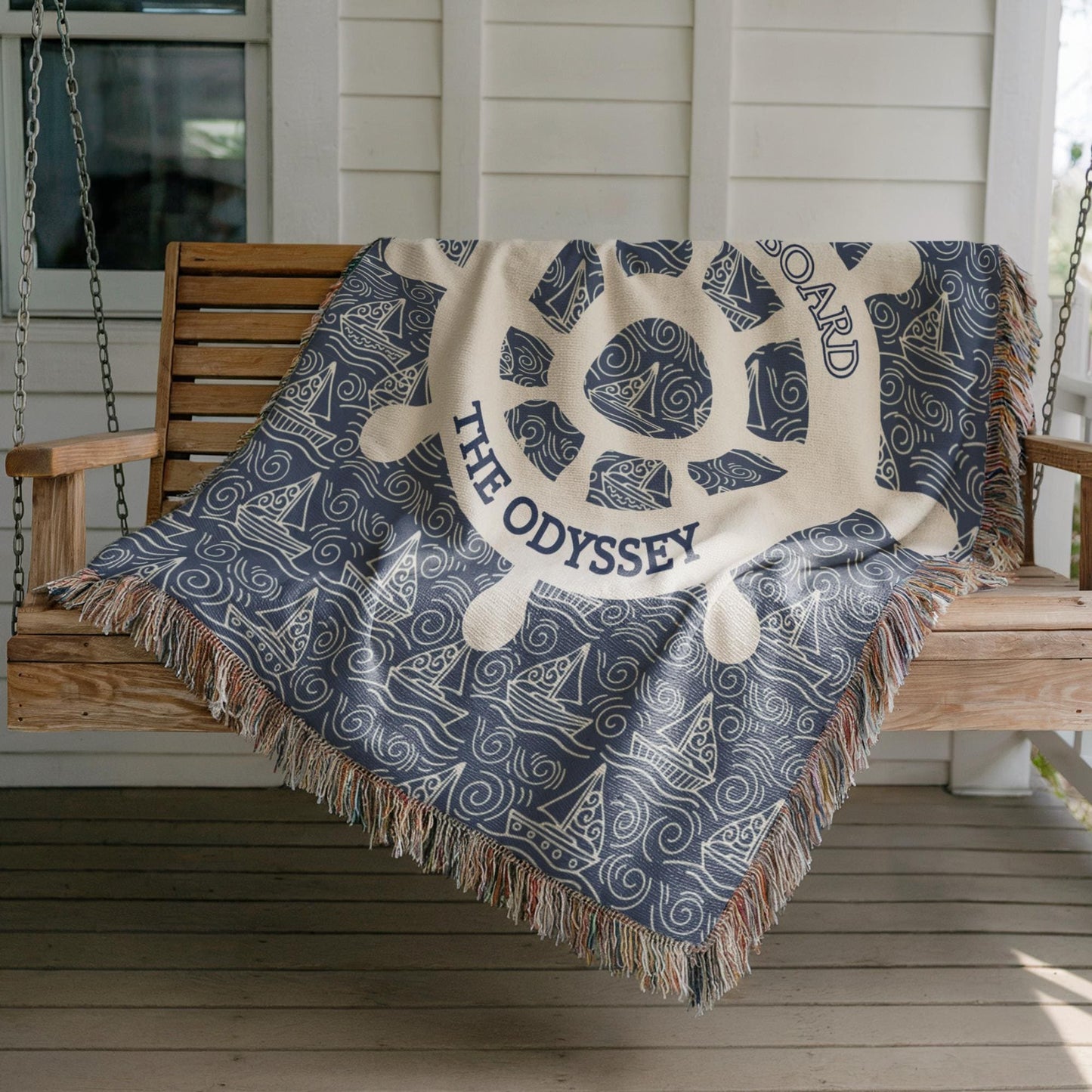 Nautical Woven Blanket – Custom Boat Name Cotton Throw | Coastal Home Decor
