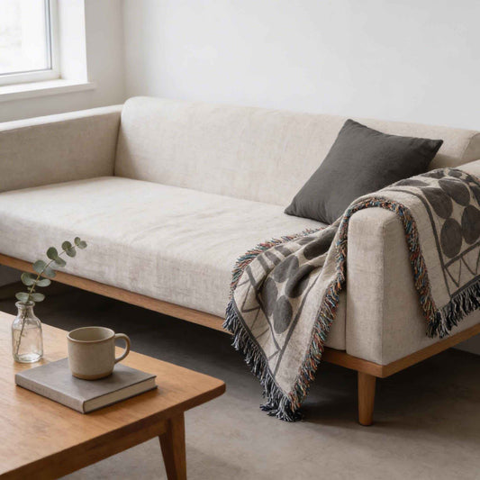 Modern Geometric woven blanket with geometric pattern styled for layered home decor