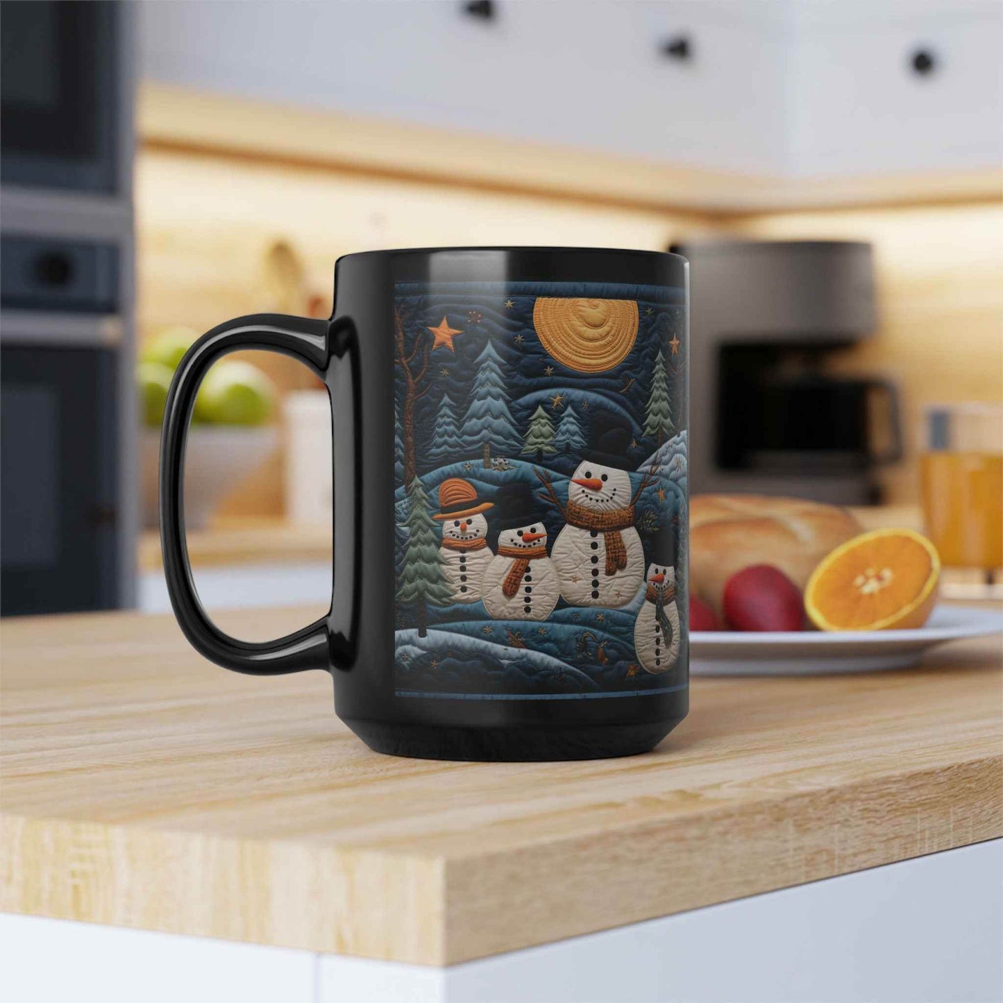 Chai Latte Mug - Black Ceramic Mug with Snowmen & Trees | 15 Ounce Glossy Finish - timelessbohochic.com