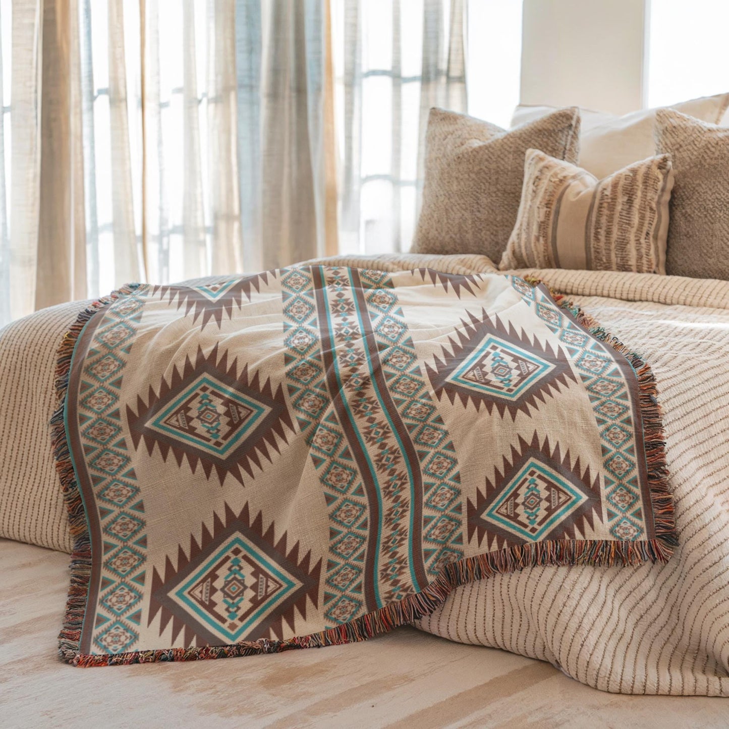 a cozy bedroom scene with a bed covered in a patterned blanket and pillows. The blanket has a geometric design in shades of brown and beige, and the pillows are arranged in a way that creates a visually appealing and inviting atmosphere.