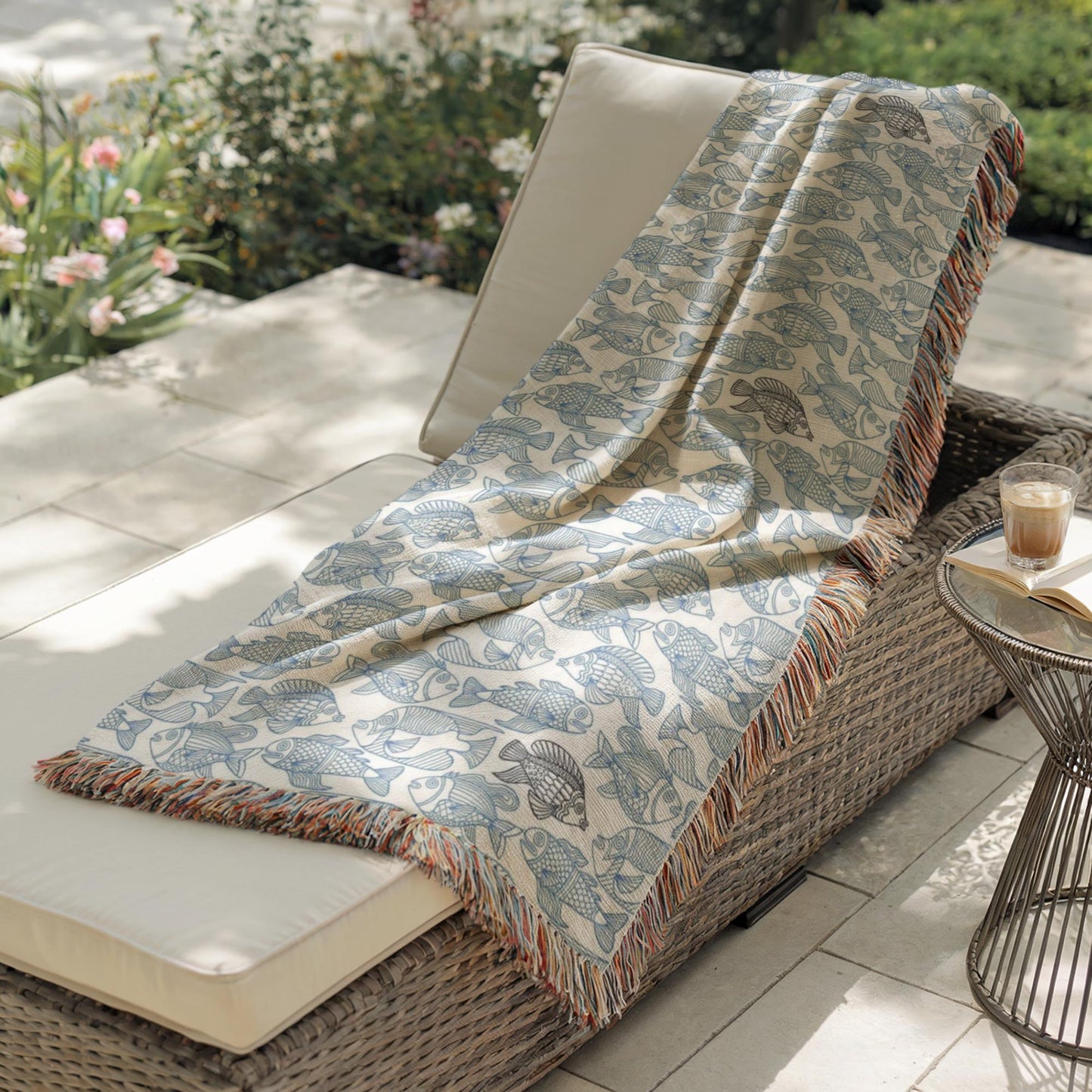 Patio Woven Blanket – Blue Fish Nautical Throw Cover | Coastal Home Decor