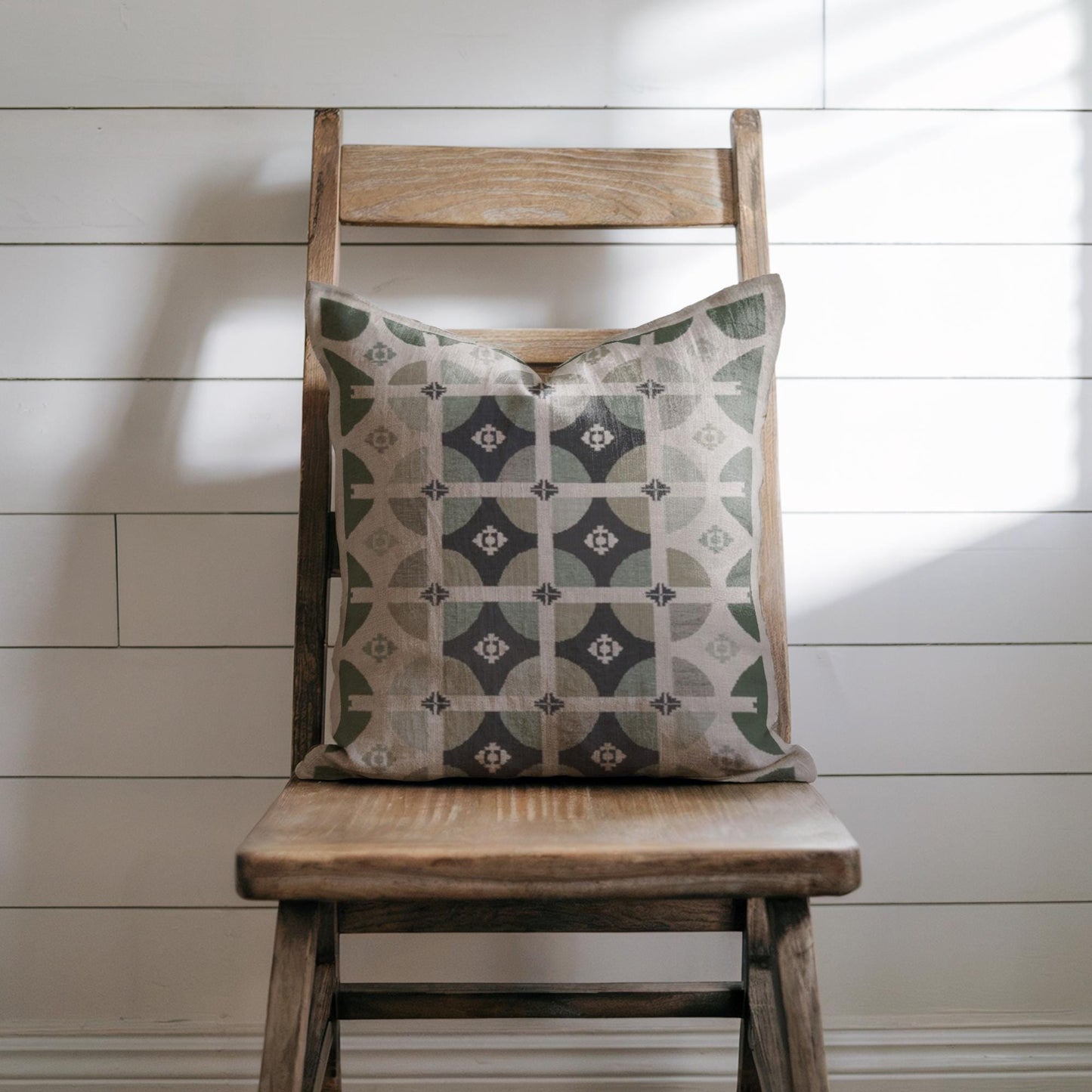Modern Woven Pillow | Square Throw Pillow With Green Beige Design - Stylish Home Decor
