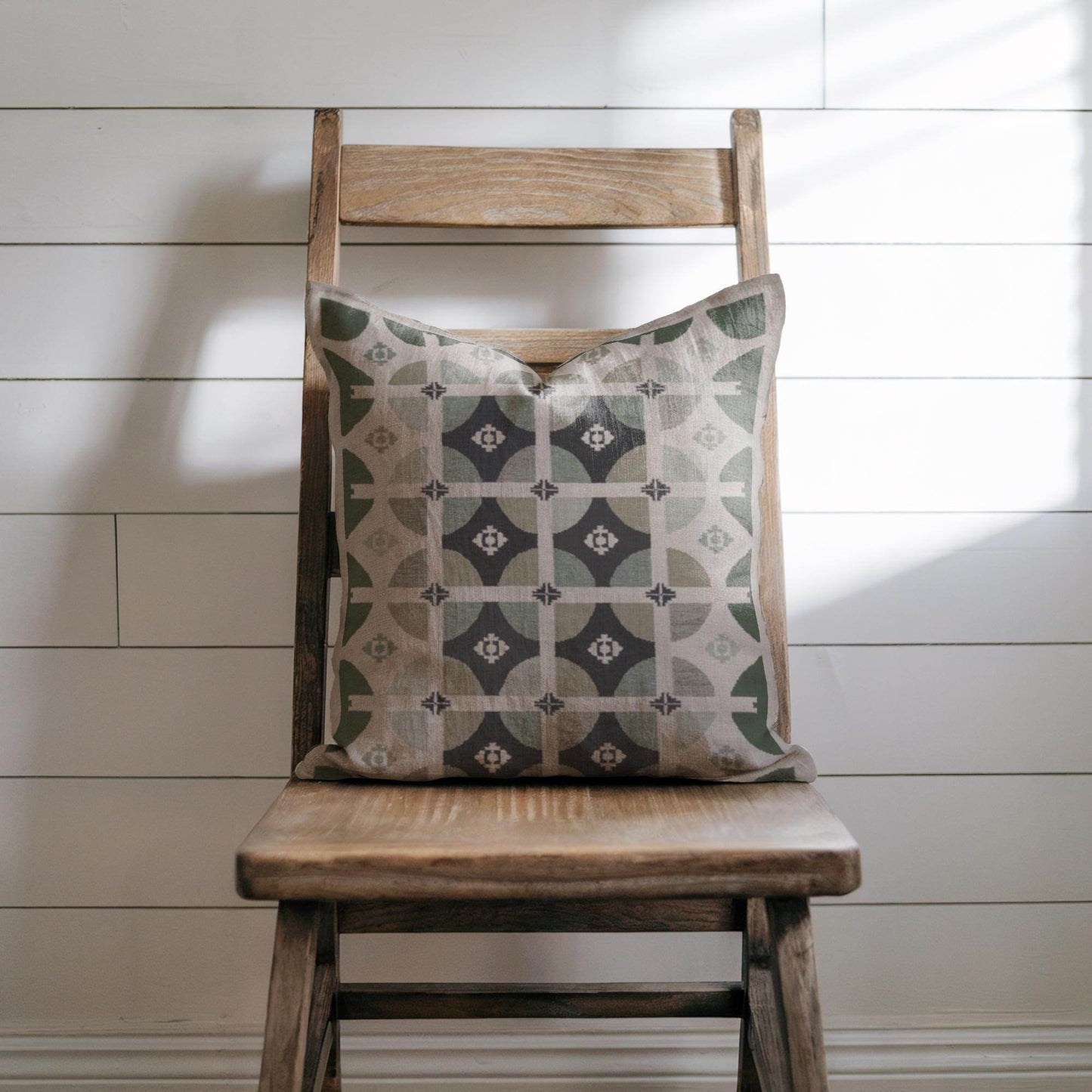 Modern Woven Pillow | Square Throw Pillow With Green Beige Design - Stylish Home Decor - timelessbohochic.com