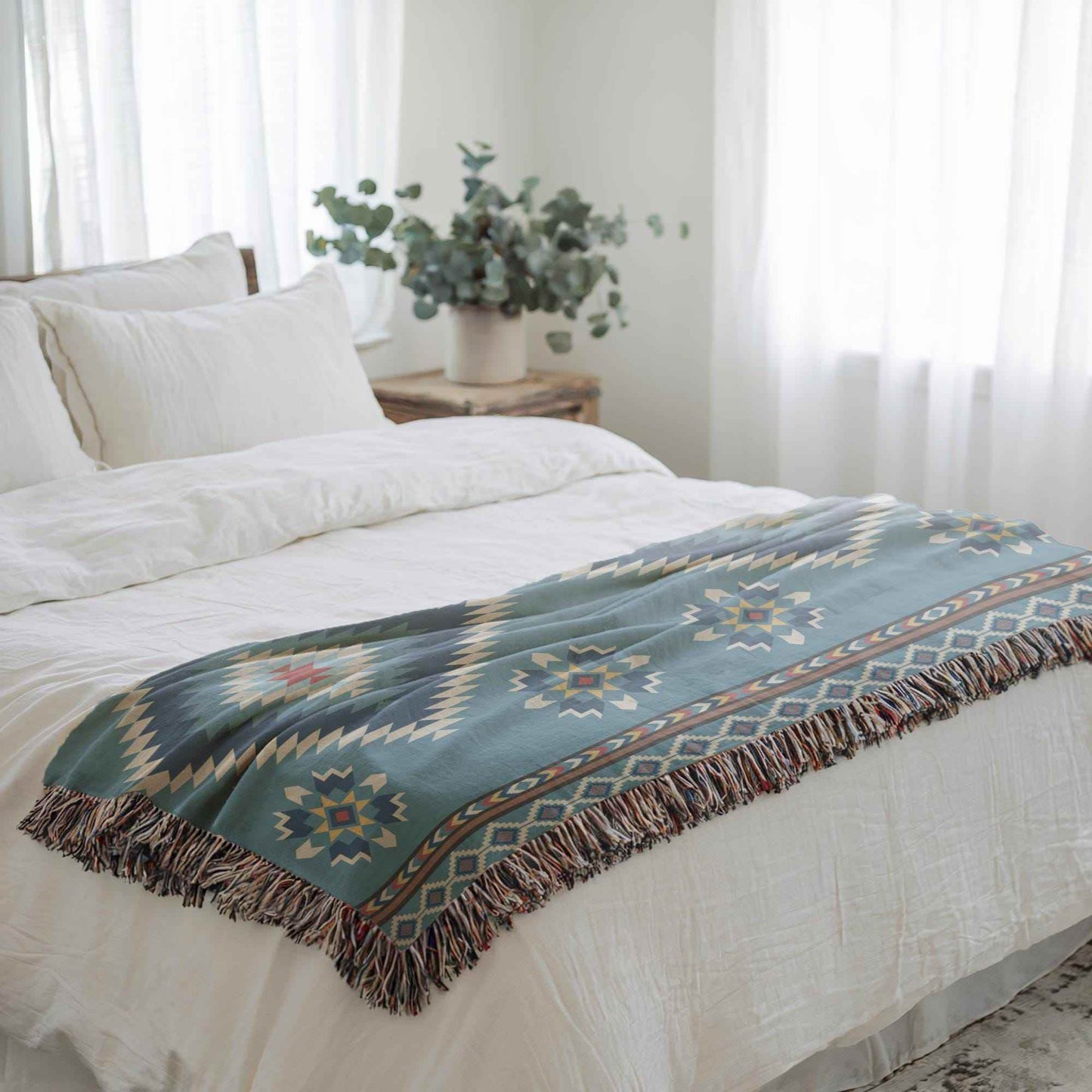 Boho Cotton Blanket - Navajo Pattern Throw With Colorful Fringed Edges - timelessbohochic.com