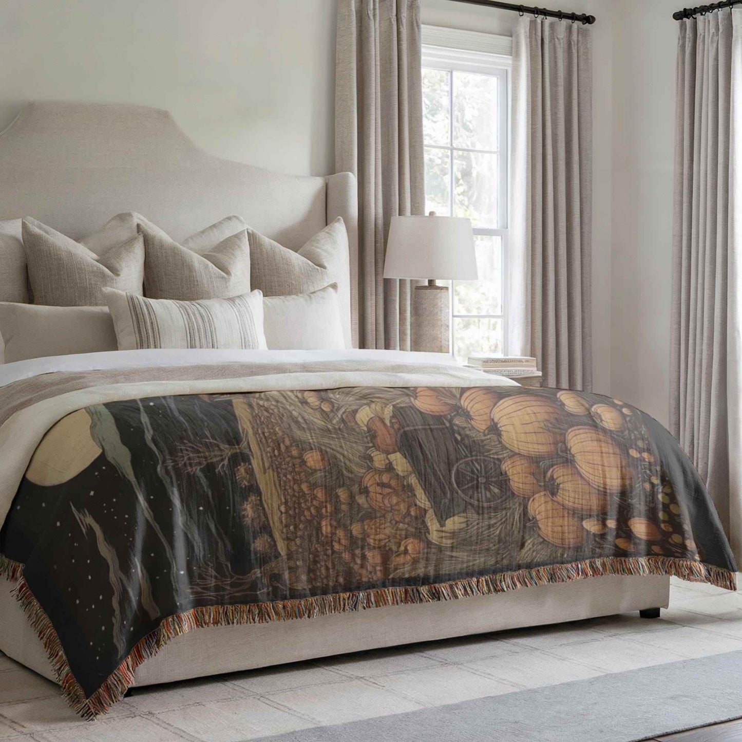 Pumpkin Patch Bedding - Harvest Season Blanket With Cotton Woven Throw & Colorful Fringed Edges - timelessbohochic.com