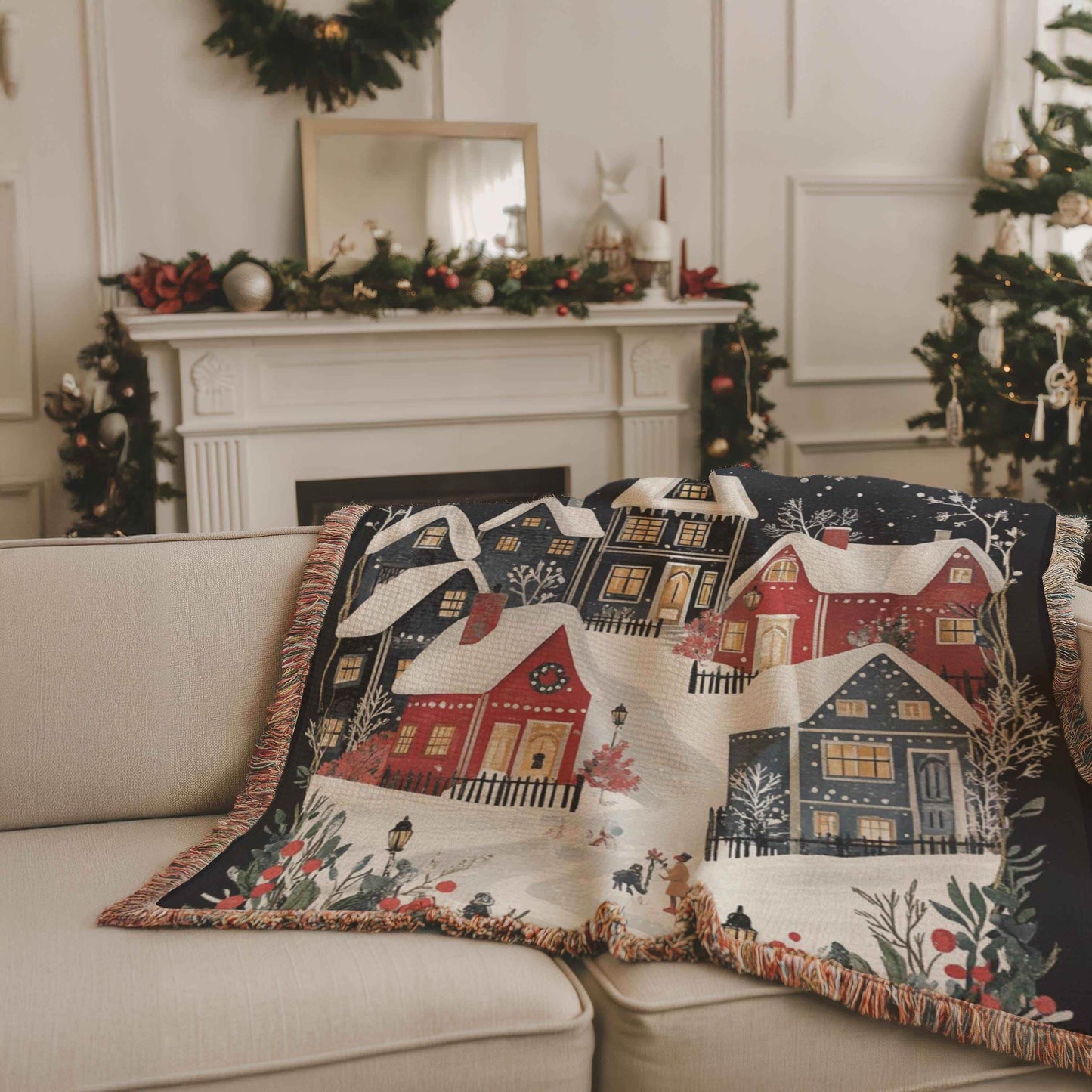 Holiday Bed Blanket - Woven Cotton Throw With Christmas Village Scene, Cozy Winter Folk Art - timelessbohochic.com