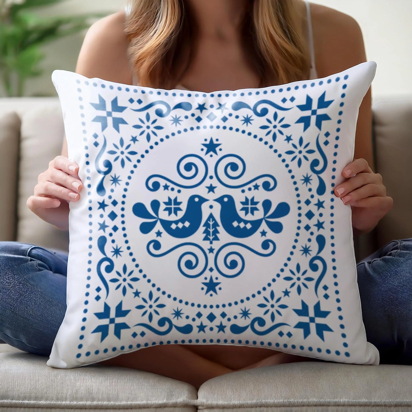 Scandinavian Pillowcase - Double Sided Folk Art Bird Throw Pillow Sham | Soft Polyester Fabric
