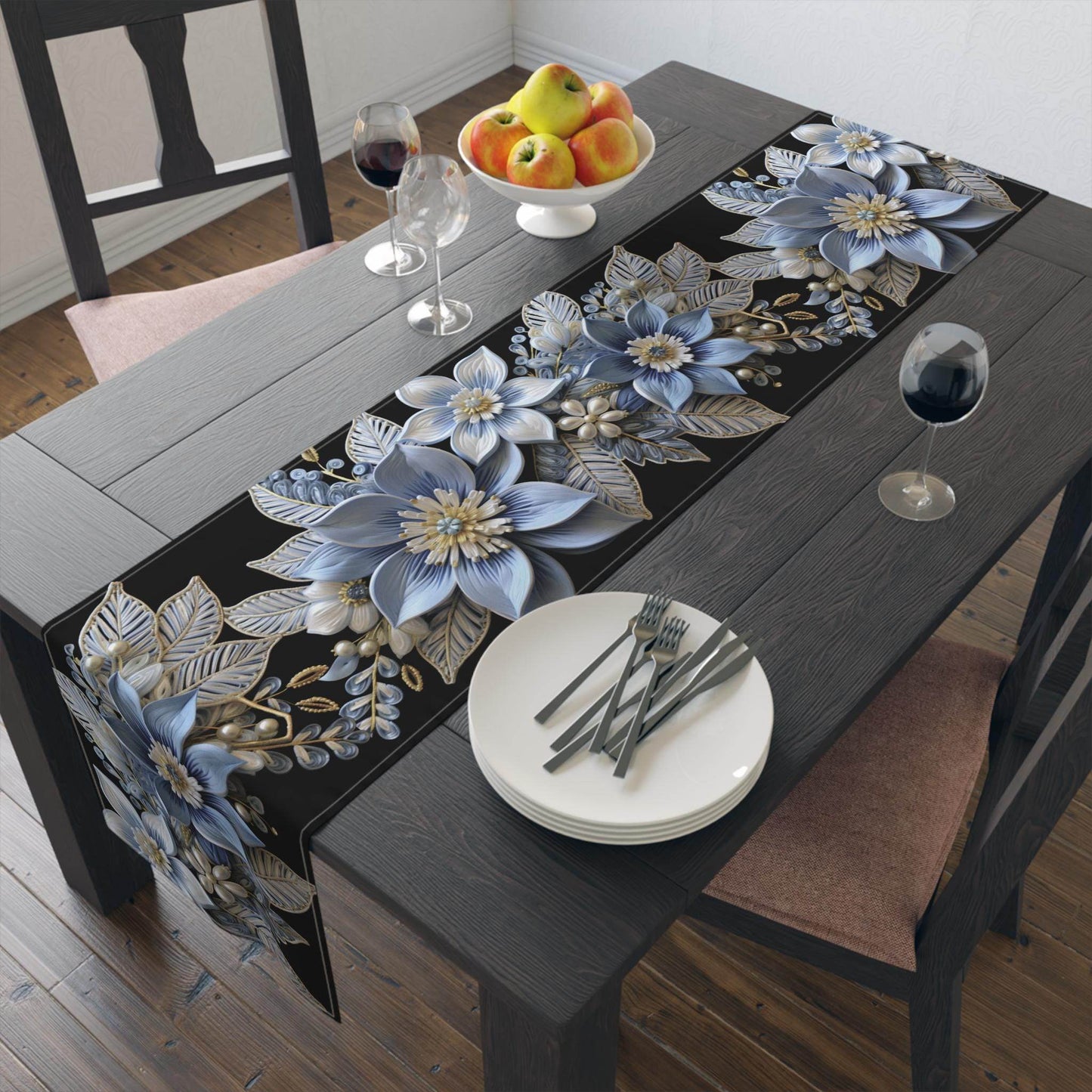 Poinsettia Table Runner – Baby Blue & Gold Christmas Table Decor | Elegant Holiday Accent - timelessbohochic.com