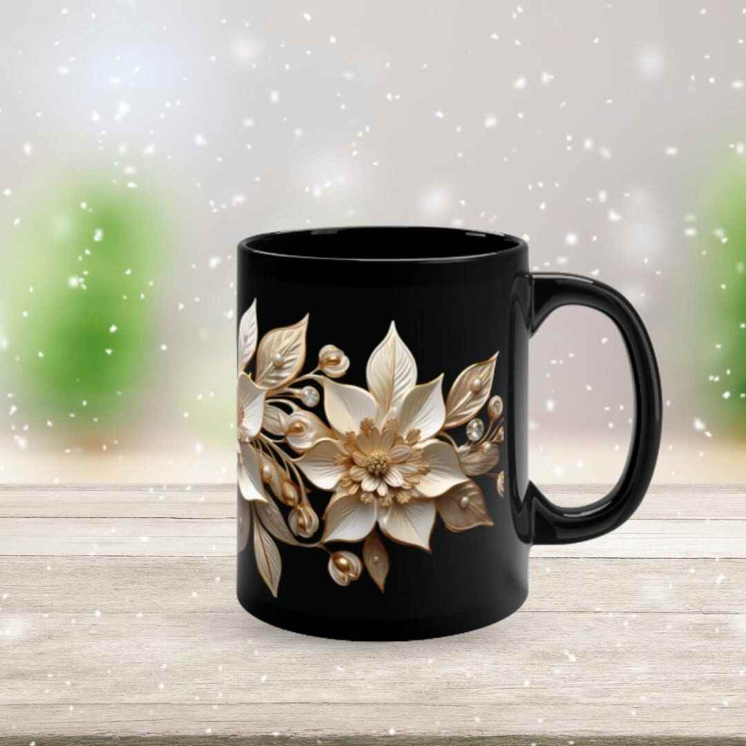 Christmas Tea Cup - Black Ceramic Mug with Retro Poinsettia Design | Microwave Safe - timelessbohochic.com