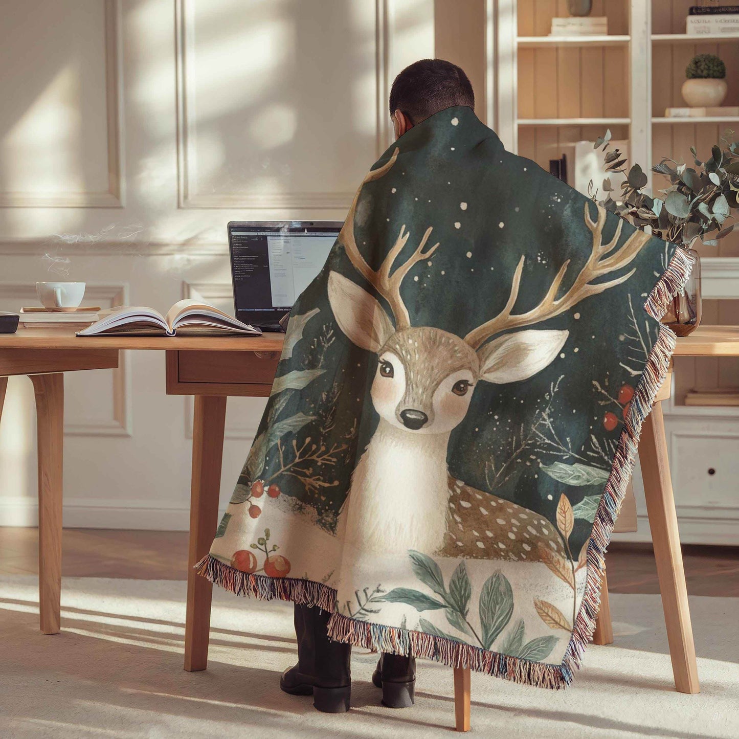 Christmas Tapestry Wall Hanging – Festive Woodland Animal Textile Art with Bambi and Holly - timelessbohochic.com