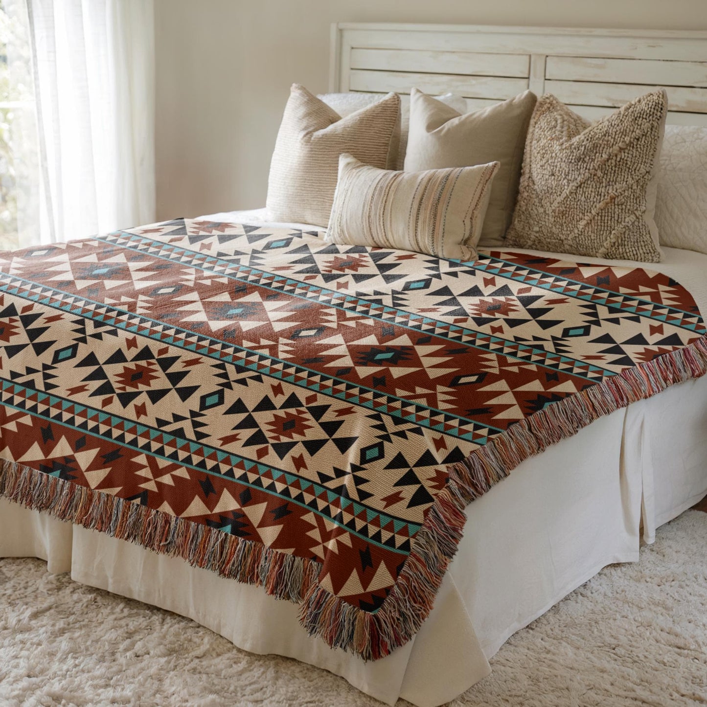 Ikat Throw Blanket – Southwestern Pattern, Cotton Fringed Edge Blanket, Cozy Home Decor