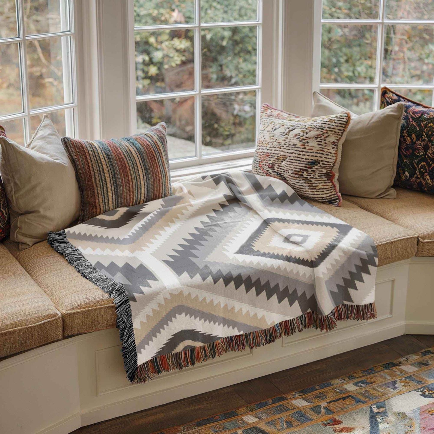 Tribal Pattern Throw Blanket - Cotton Cozy Fall Accent With Fringed Edges - timelessbohochic.com